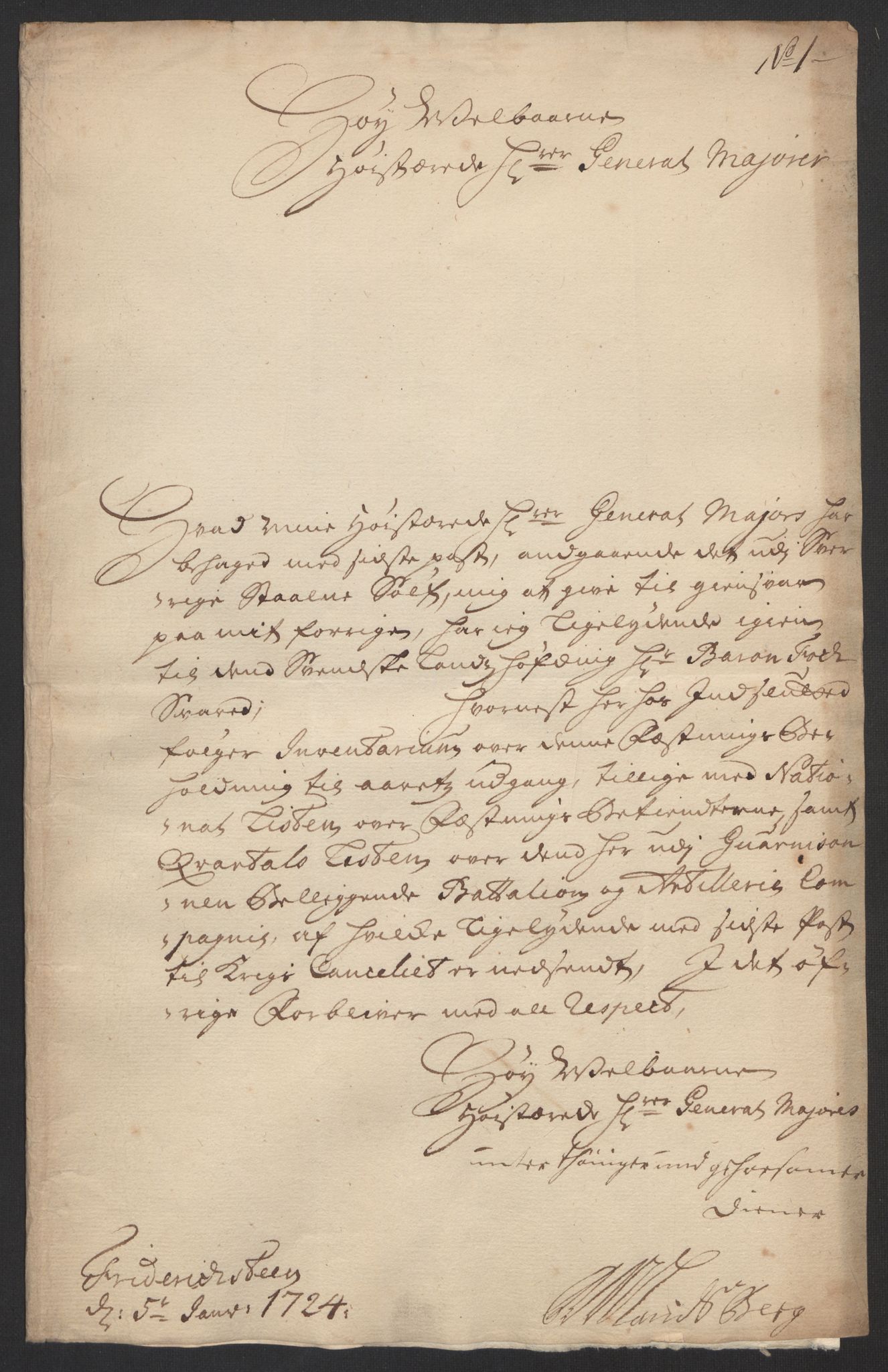 Kommanderende general (KG I) med Det norske krigsdirektorium, AV/RA-EA-5419/D/L0153: Fredriksten festning: Brev, inventarfortegnelser og regnskapsekstrakter, 1724-1729, p. 5