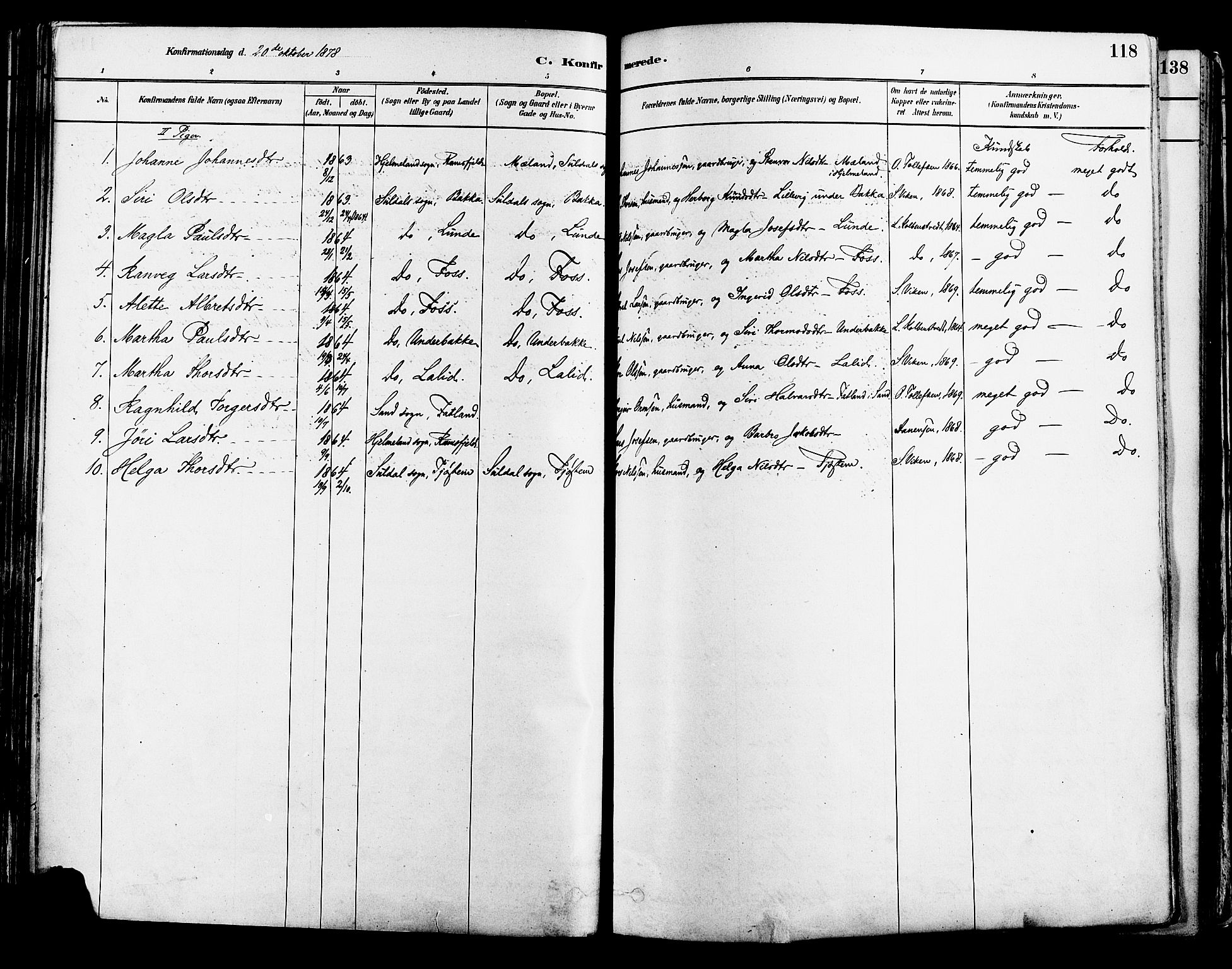 Suldal sokneprestkontor, AV/SAST-A-101845/01/IV/L0011: Parish register (official) no. A 11, 1878-1900, p. 118