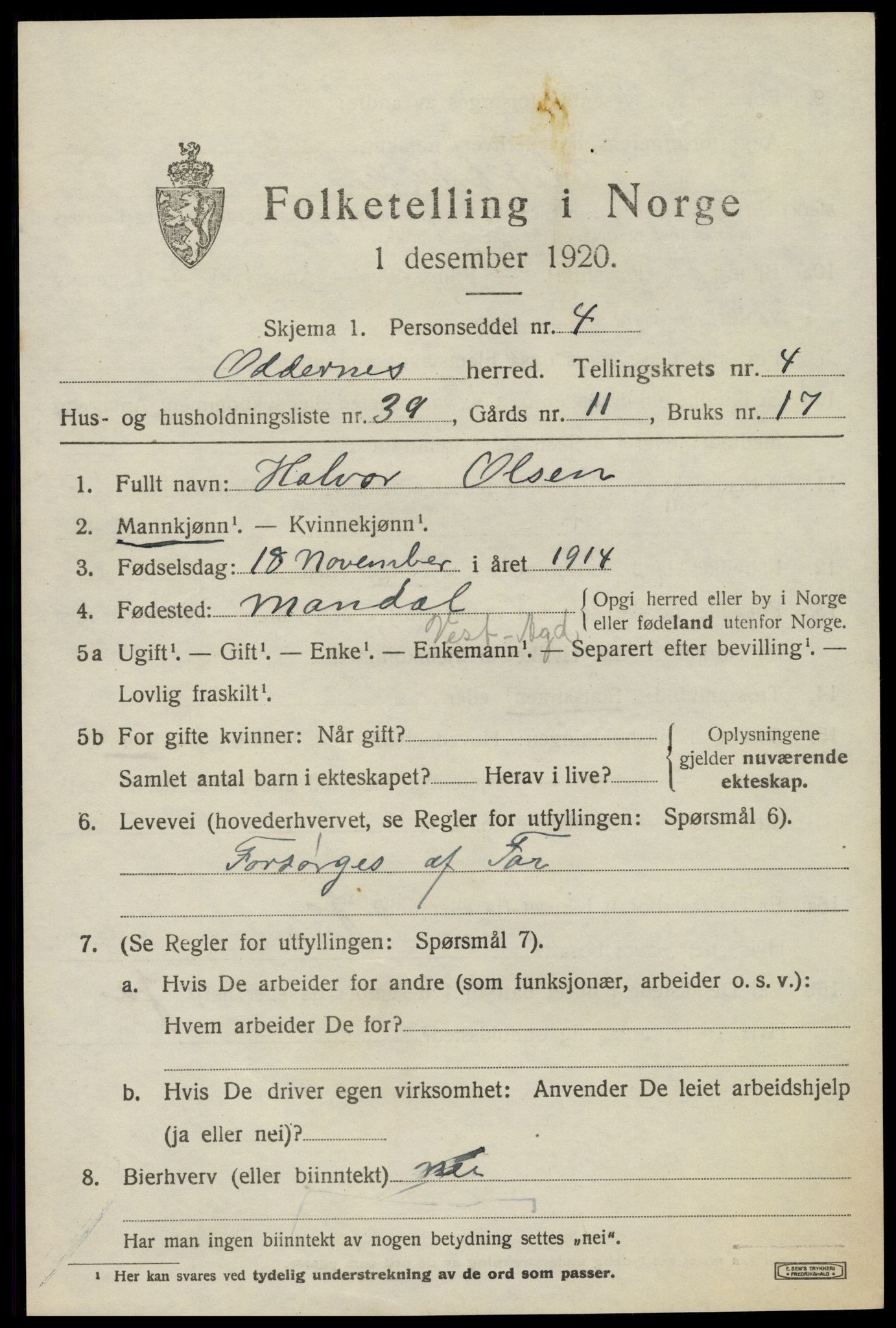 SAK, 1920 census for Oddernes, 1920, p. 4423