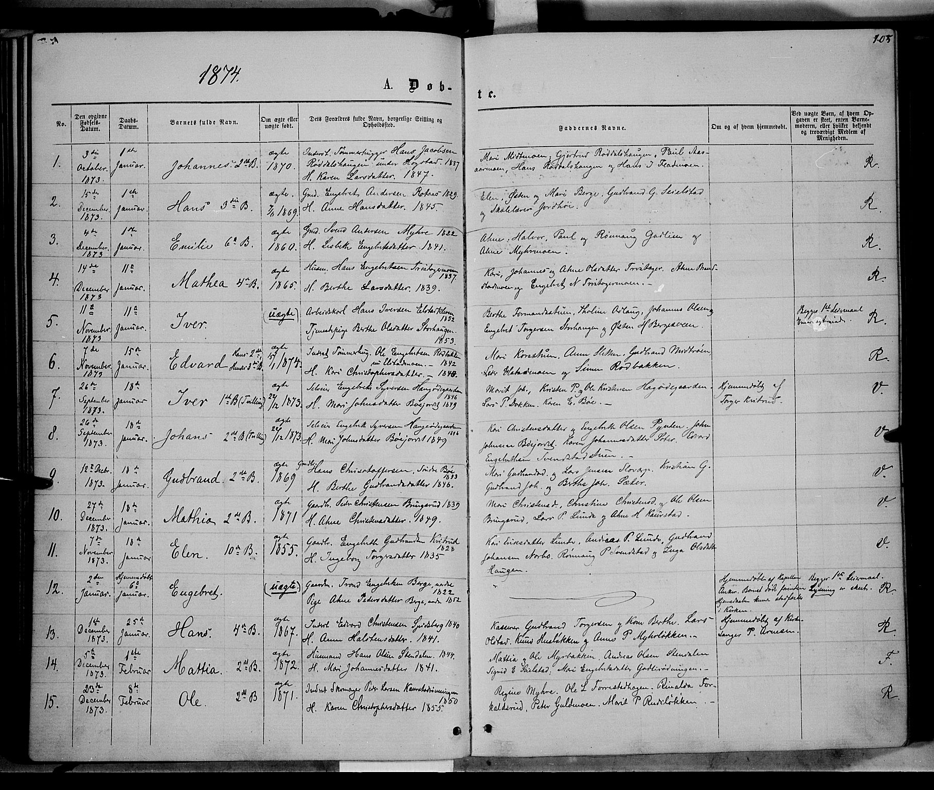 Ringebu prestekontor, SAH/PREST-082/H/Ha/Haa/L0007: Parish register (official) no. 7, 1860-1877, p. 105