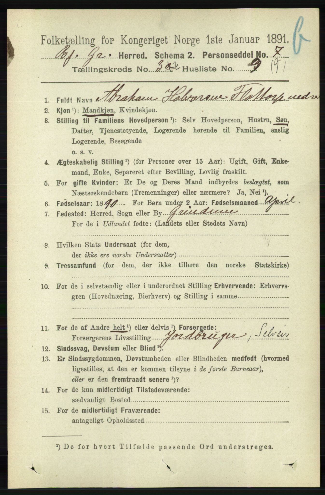 RA, 1891 census for 1024 Bjelland og Grindheim, 1891, p. 1844