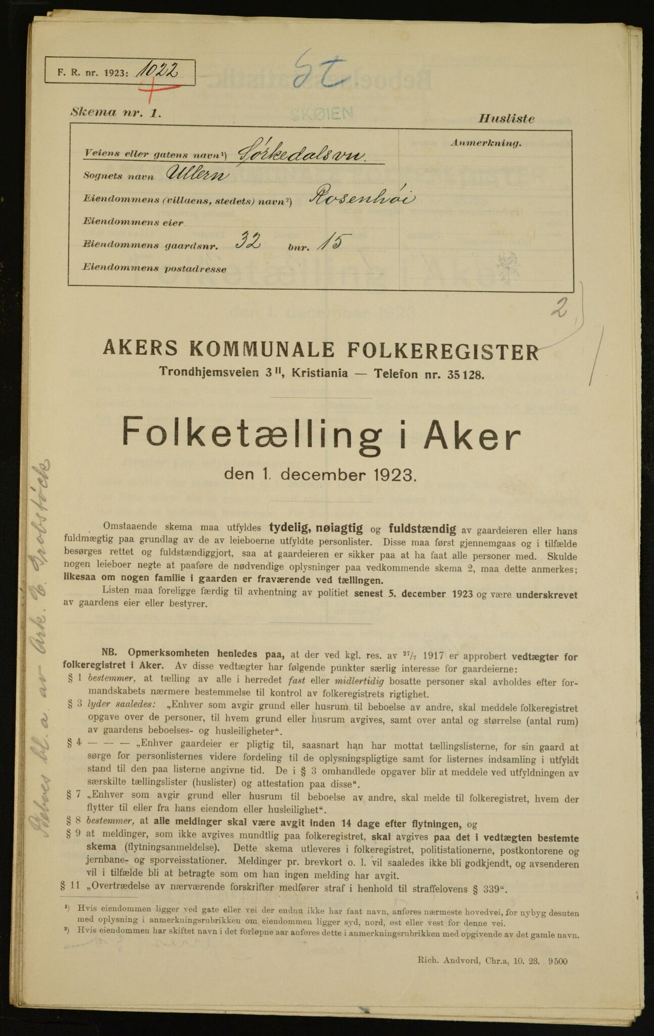 , Municipal Census 1923 for Aker, 1923, p. 6229