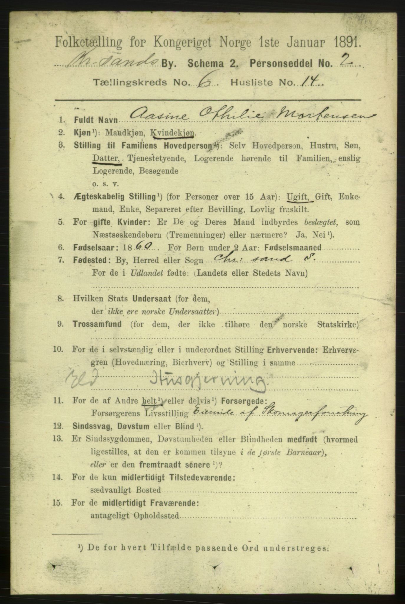 RA, 1891 census for 1001 Kristiansand, 1891, p. 4607