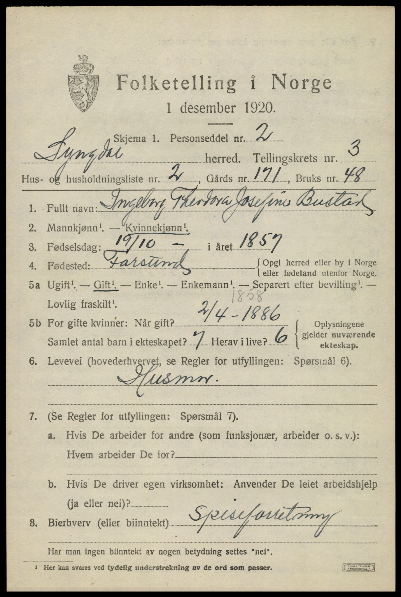 SAK, 1920 census for Lyngdal, 1920, p. 1921