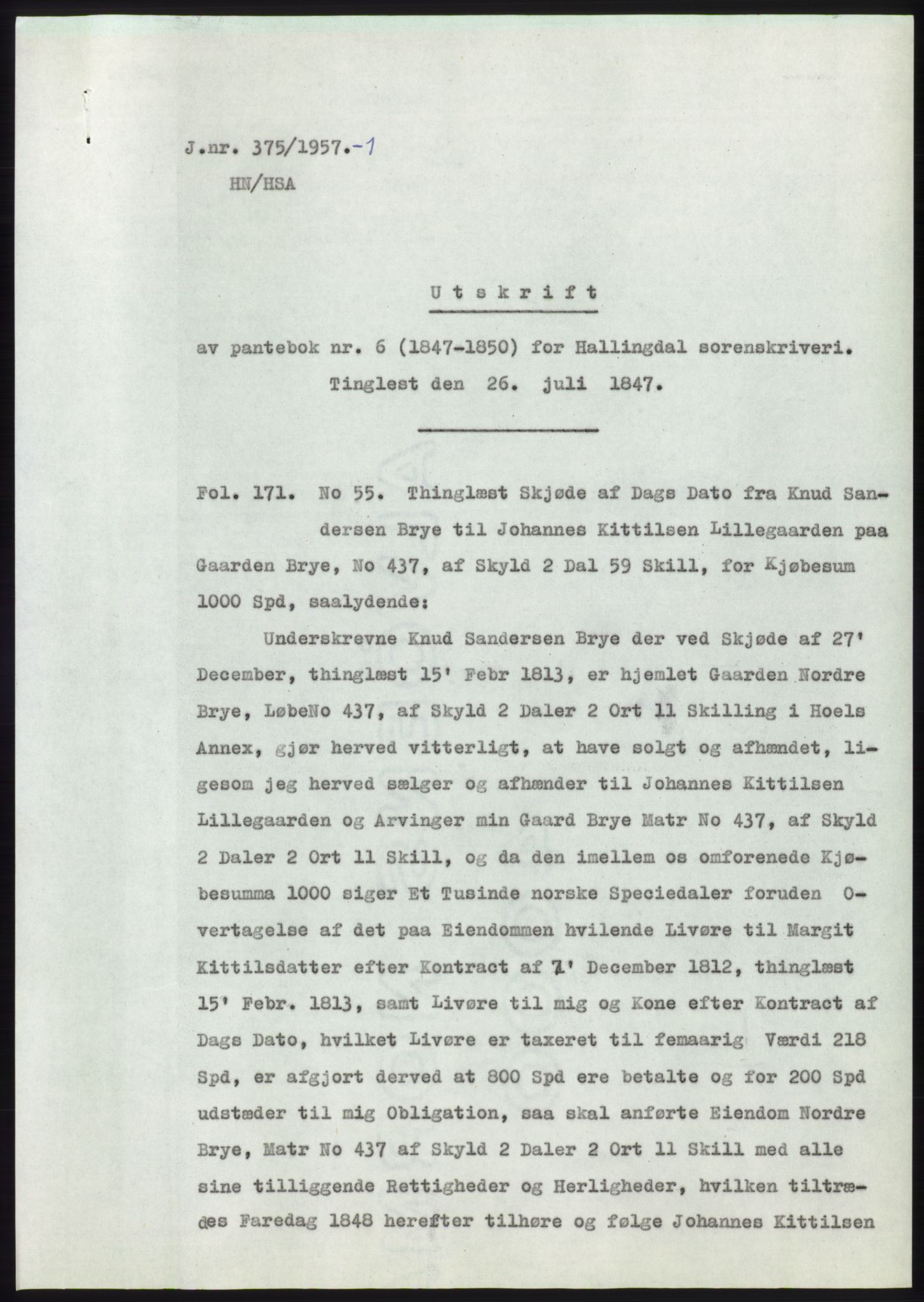 Statsarkivet i Kongsberg, AV/SAKO-A-0001/E/Ee/L0009: Avskrifter, SAO jnr. 354/1957 - 770/1957, 1957, p. 9
