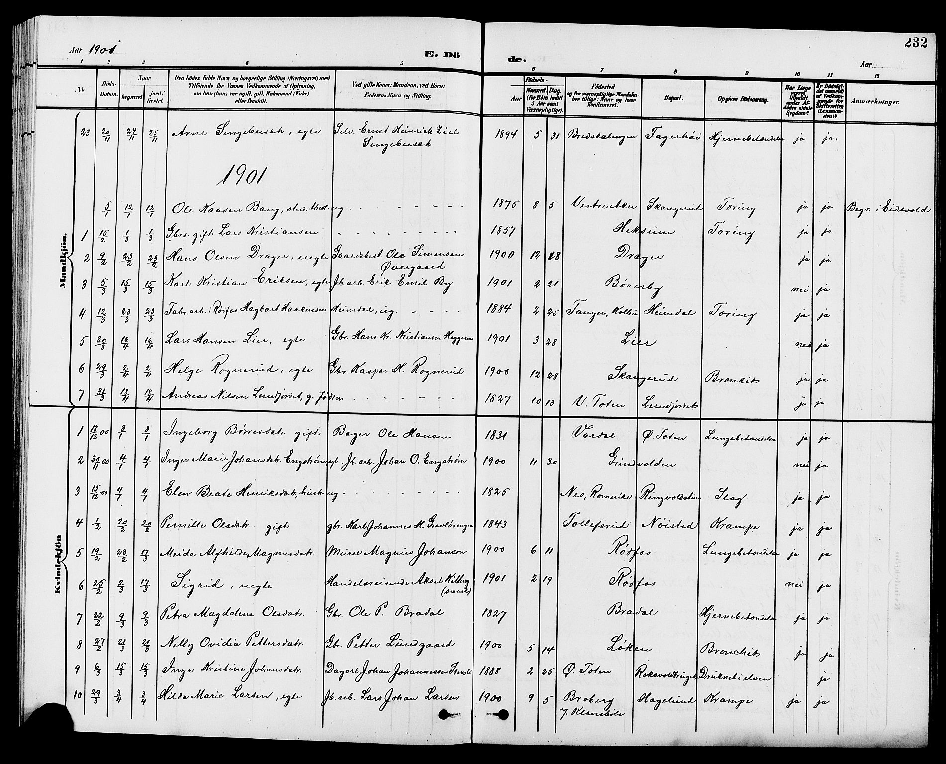 Vestre Toten prestekontor, SAH/PREST-108/H/Ha/Hab/L0010: Parish register (copy) no. 10, 1900-1912, p. 232
