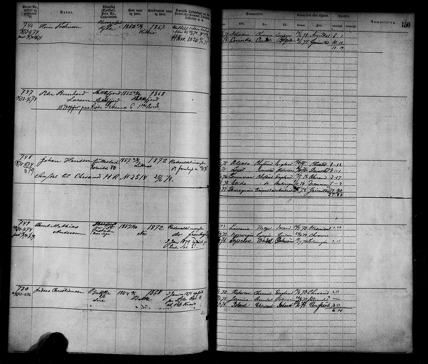Flekkefjord mønstringskrets, SAK/2031-0018/F/Fa/L0002: Annotasjonsrulle nr 1-1920 med register, N-2, 1870-1891, p. 174