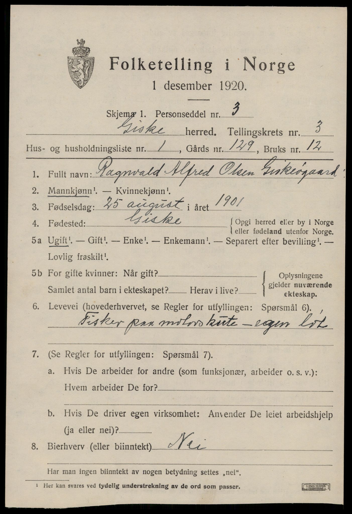 SAT, 1920 census for Giske, 1920, p. 1664