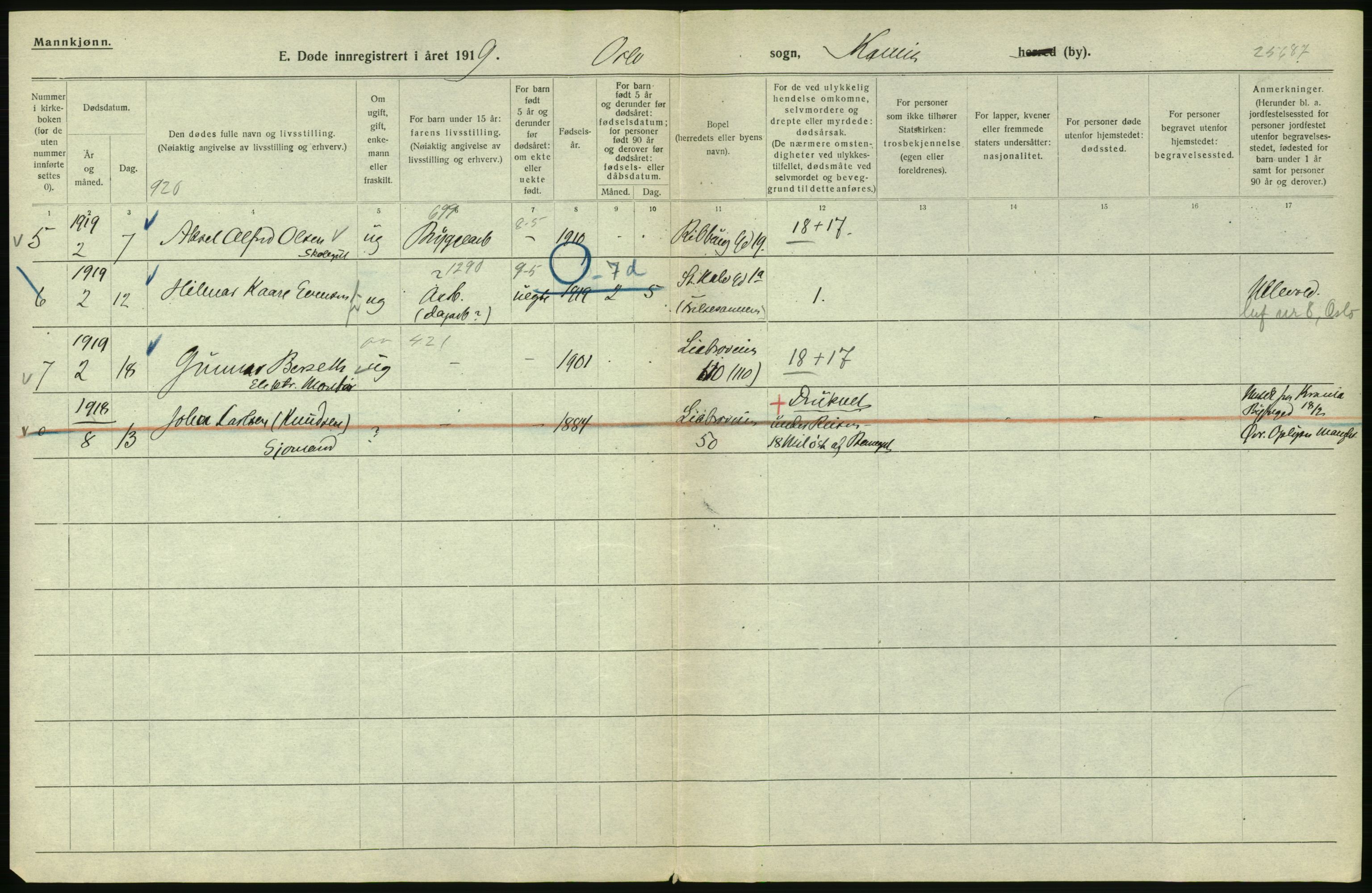 Statistisk sentralbyrå, Sosiodemografiske emner, Befolkning, AV/RA-S-2228/D/Df/Dfb/Dfbi/L0010: Kristiania: Døde, 1919, p. 392