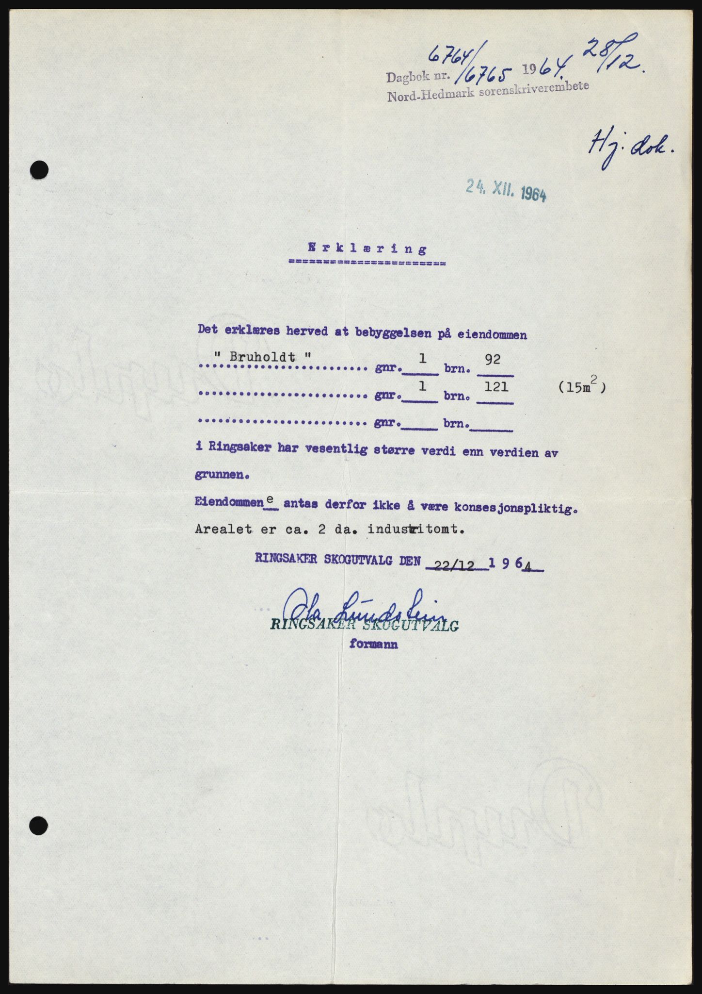 Nord-Hedmark sorenskriveri, AV/SAH-TING-012/H/Hc/L0021: Mortgage book no. 21, 1964-1965, Diary no: : 6764/1964