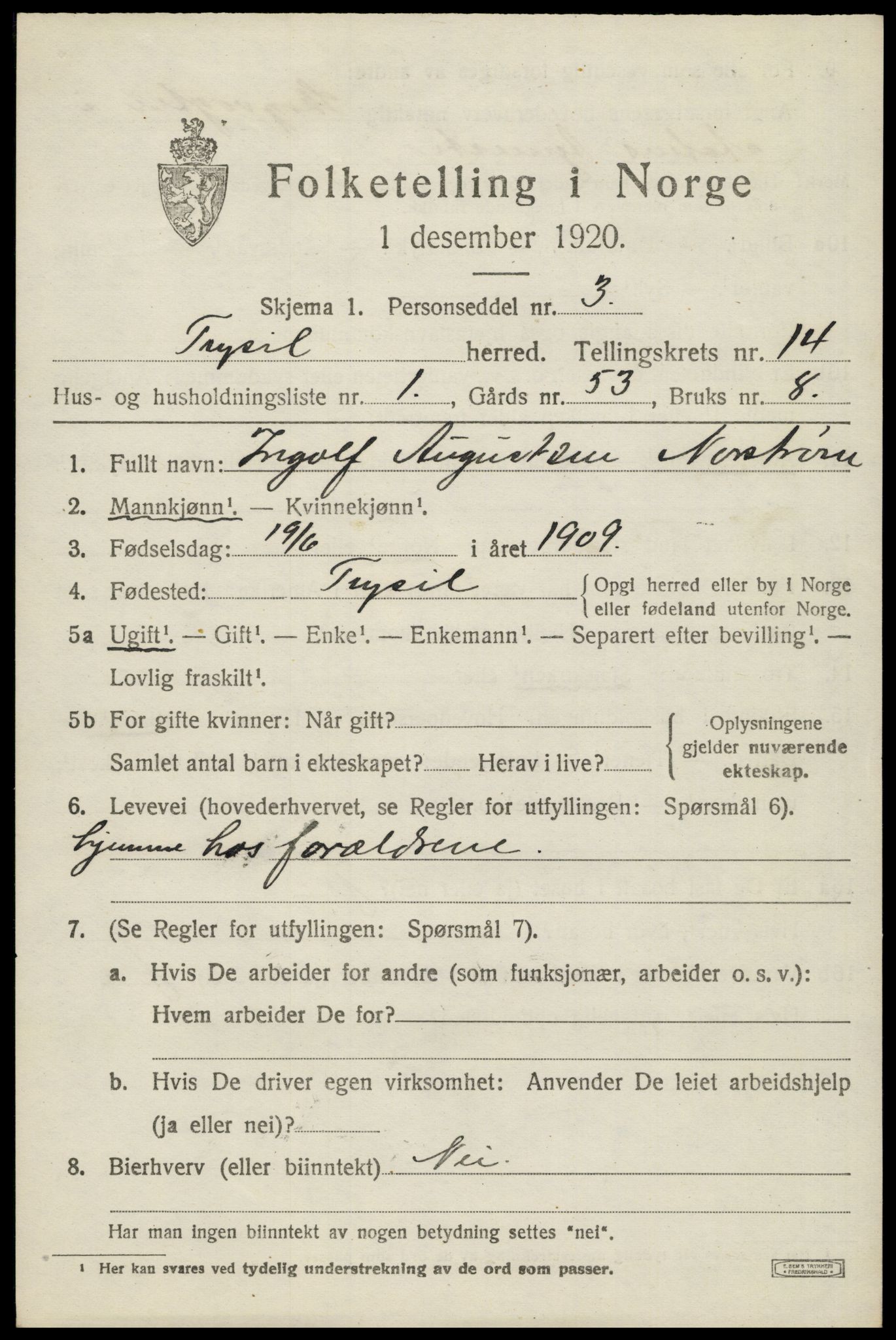 SAH, 1920 census for Trysil, 1920, p. 7869