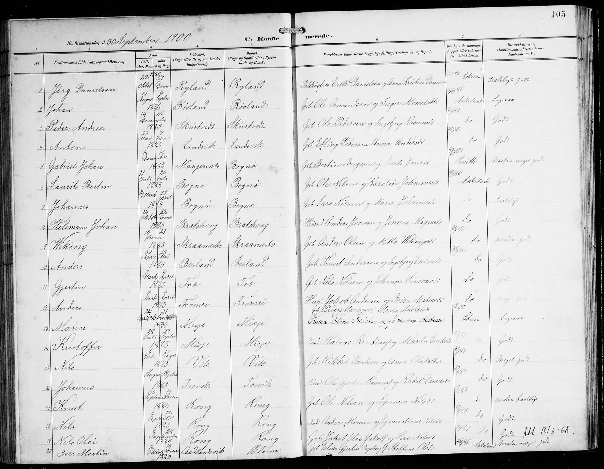 Herdla Sokneprestembete, SAB/A-75701/H/Hab: Parish register (copy) no. C 1, 1900-1913, p. 105