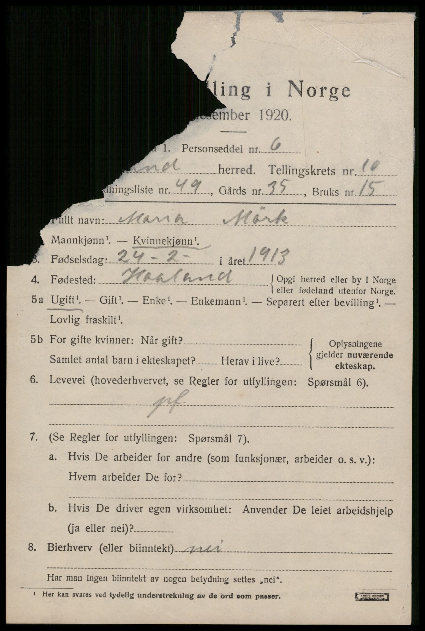 SAST, 1920 census for Håland, 1920, p. 7957