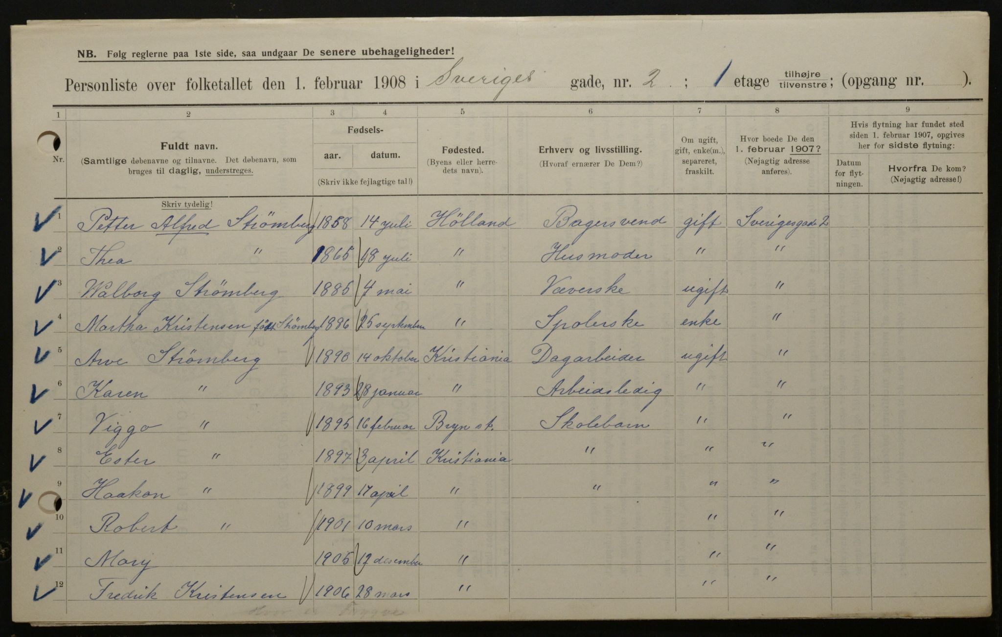 OBA, Municipal Census 1908 for Kristiania, 1908, p. 95115