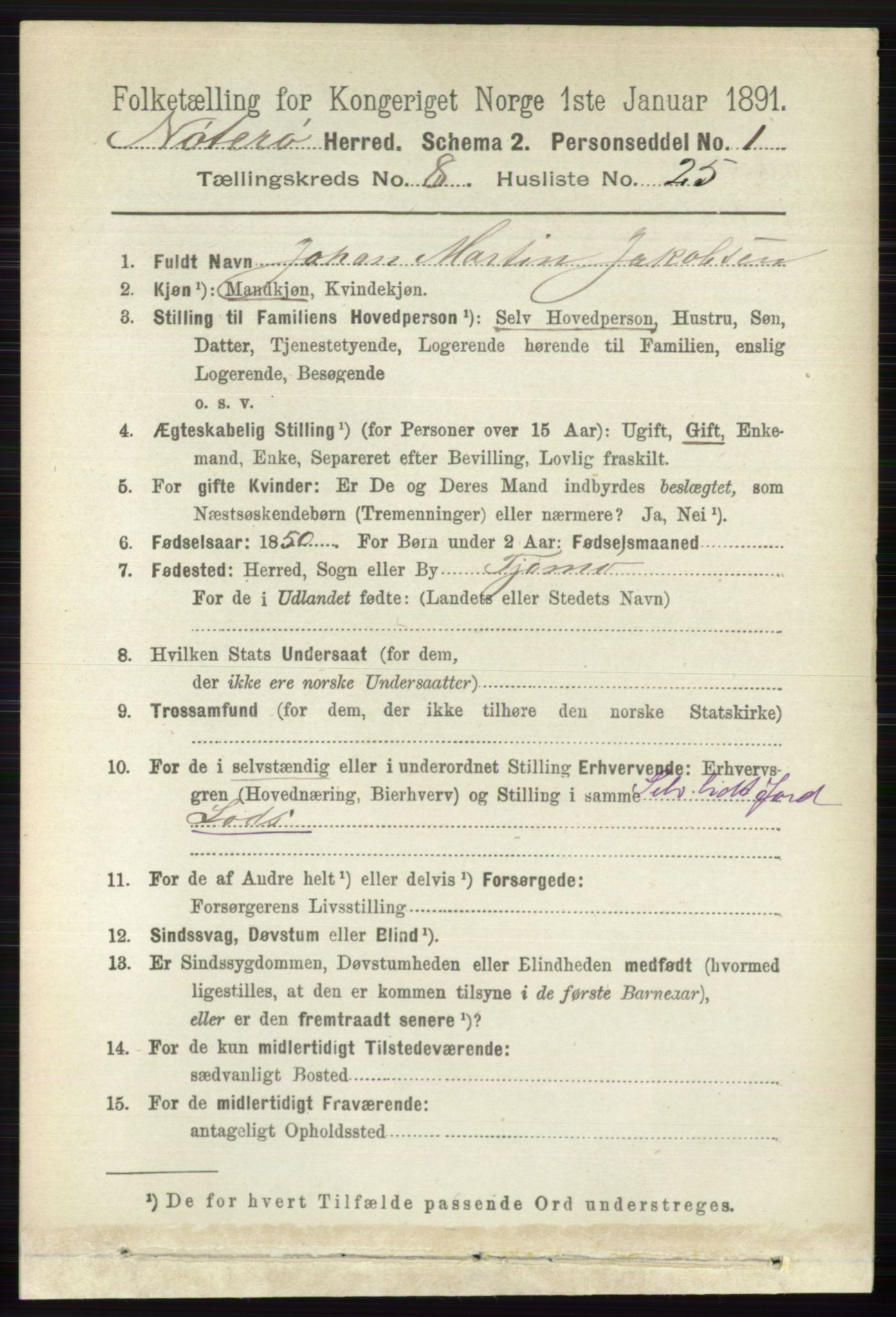 RA, 1891 census for 0722 Nøtterøy, 1891, p. 3999