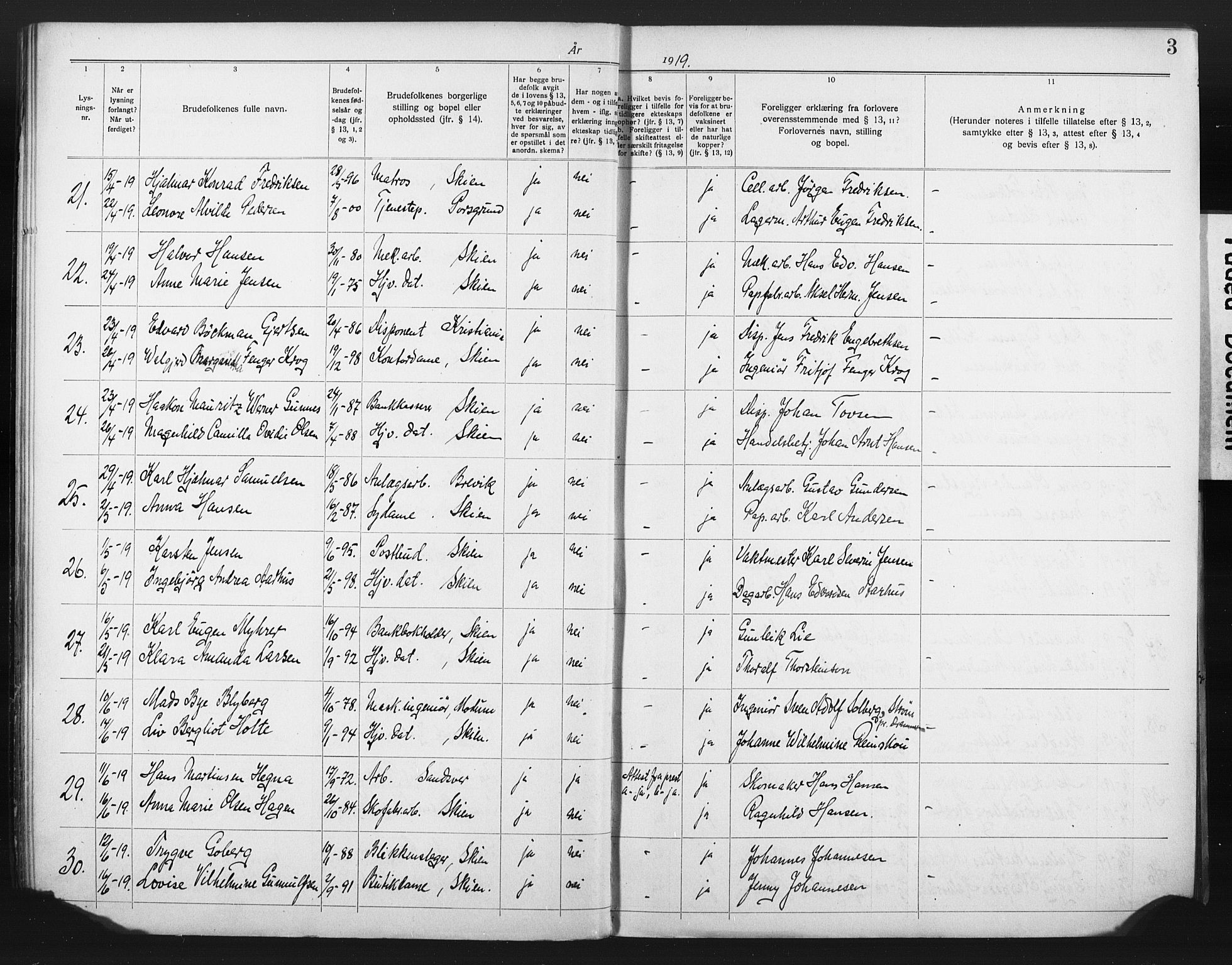 Skien kirkebøker, AV/SAKO-A-302/H/Ha/L0001: Banns register no. 1, 1919-1929, p. 3