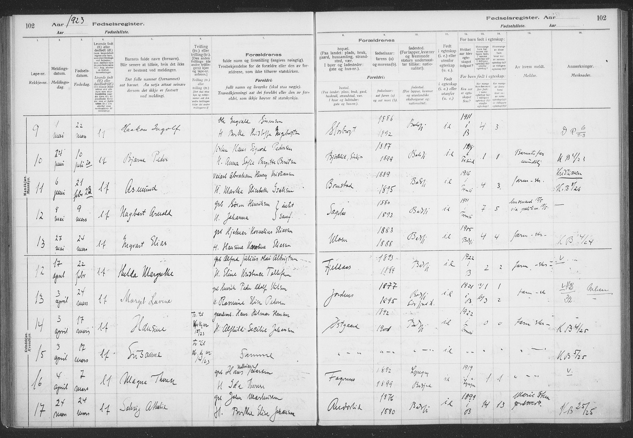 Balsfjord sokneprestembete, AV/SATØ-S-1303/H/Hb/L0059: Birth register no. 59, 1916-1930, p. 102