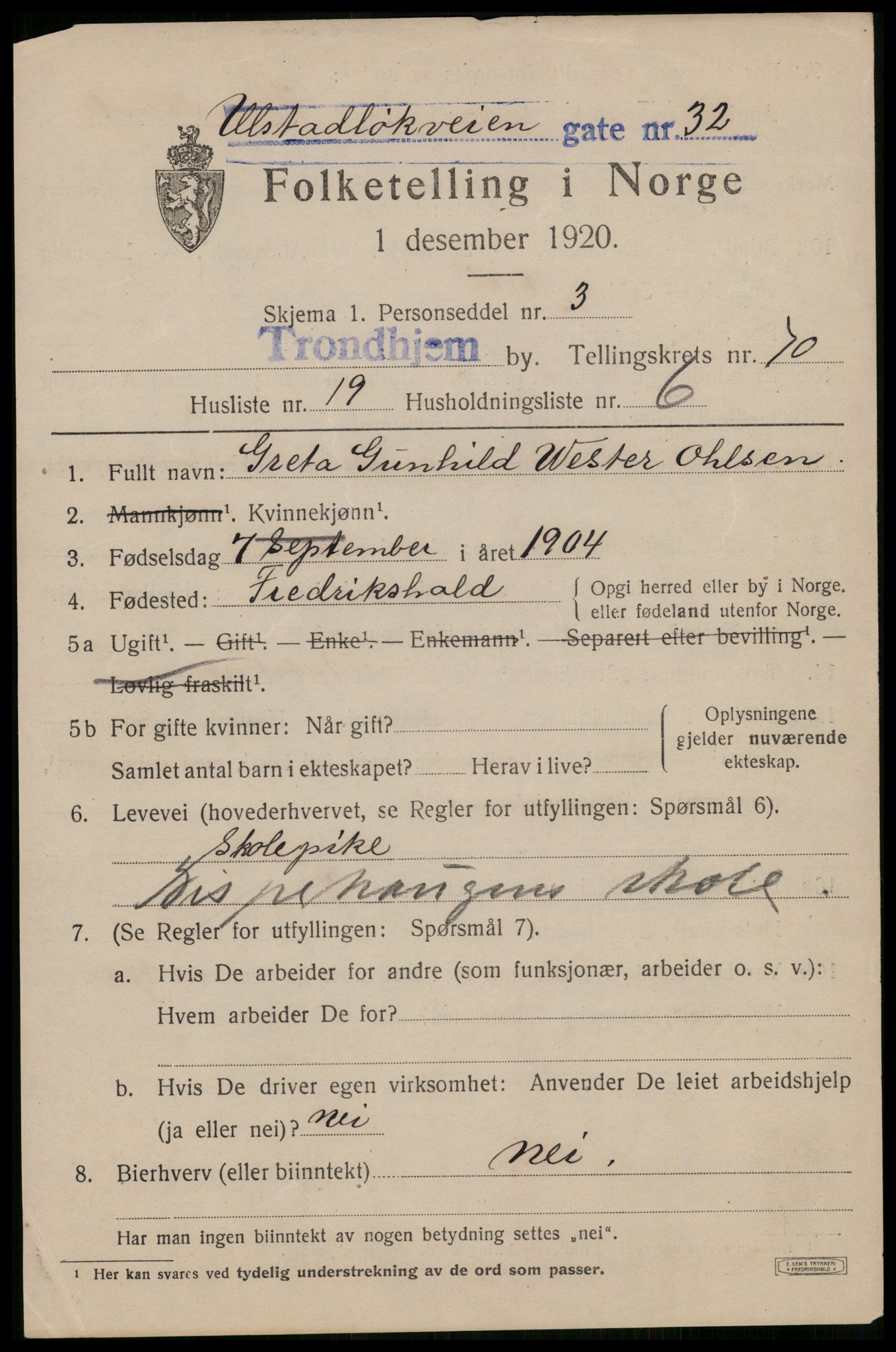 SAT, 1920 census for Trondheim, 1920, p. 139452