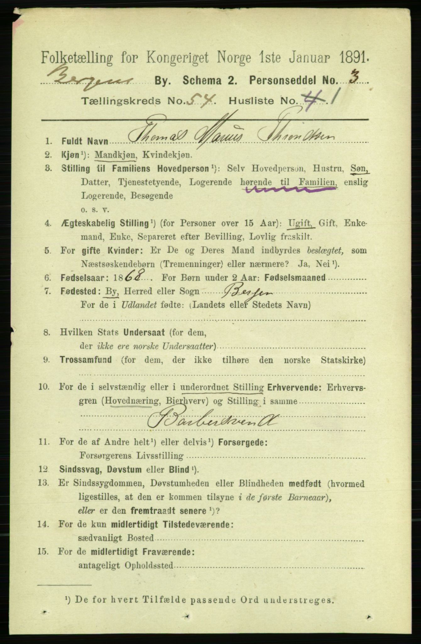 RA, 1891 Census for 1301 Bergen, 1891, p. 62574