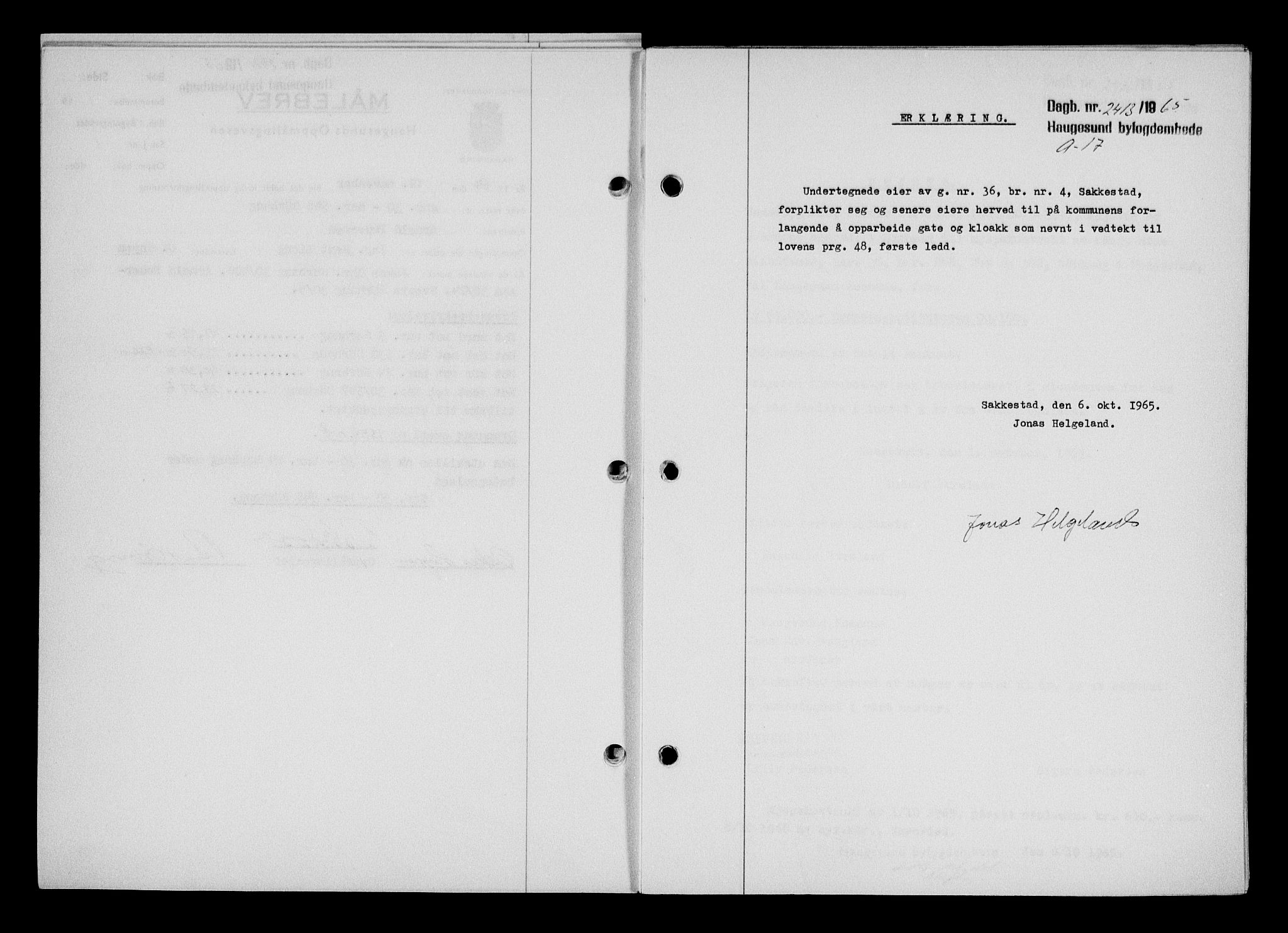 Haugesund tingrett, AV/SAST-A-101415/01/II/IIC/L0076: Mortgage book no. A 17, 1965-1966, Diary no: : 2413/1965