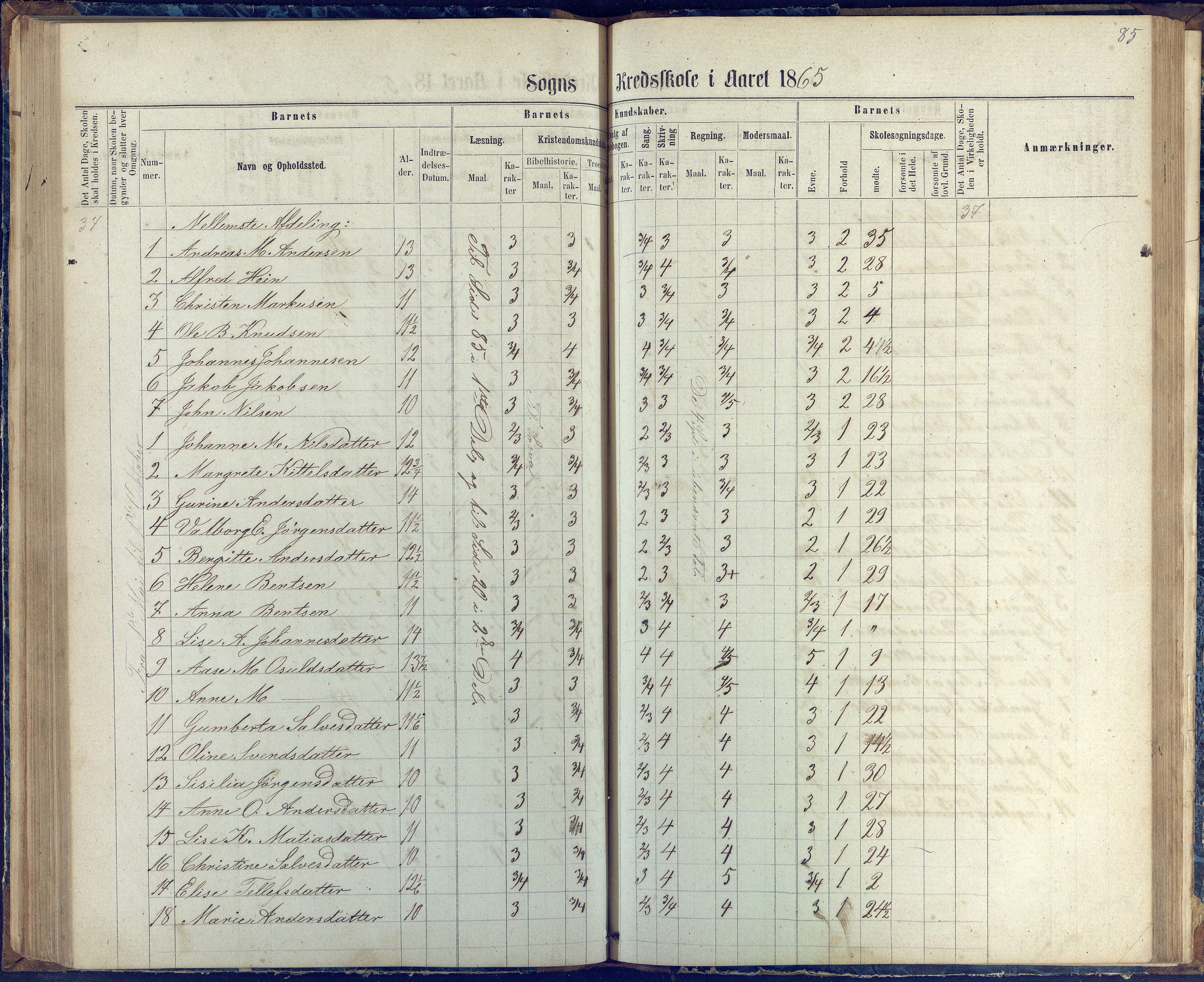 Øyestad kommune frem til 1979, AAKS/KA0920-PK/06/06G/L0002: Skoleprotokoll, 1863-1875, p. 85