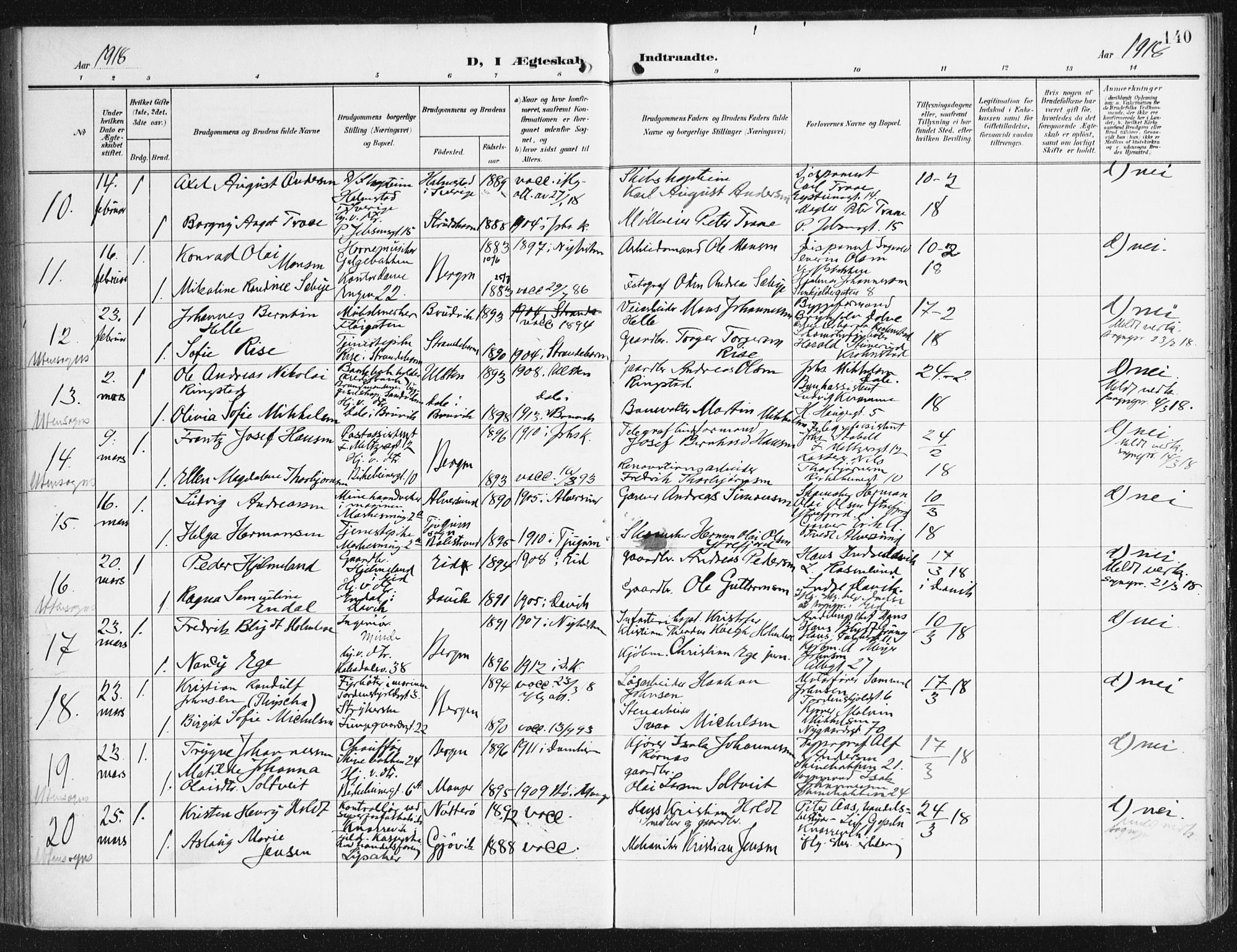 Domkirken sokneprestembete, SAB/A-74801/H/Haa/L0038: Parish register (official) no. D 5, 1906-1921, p. 140