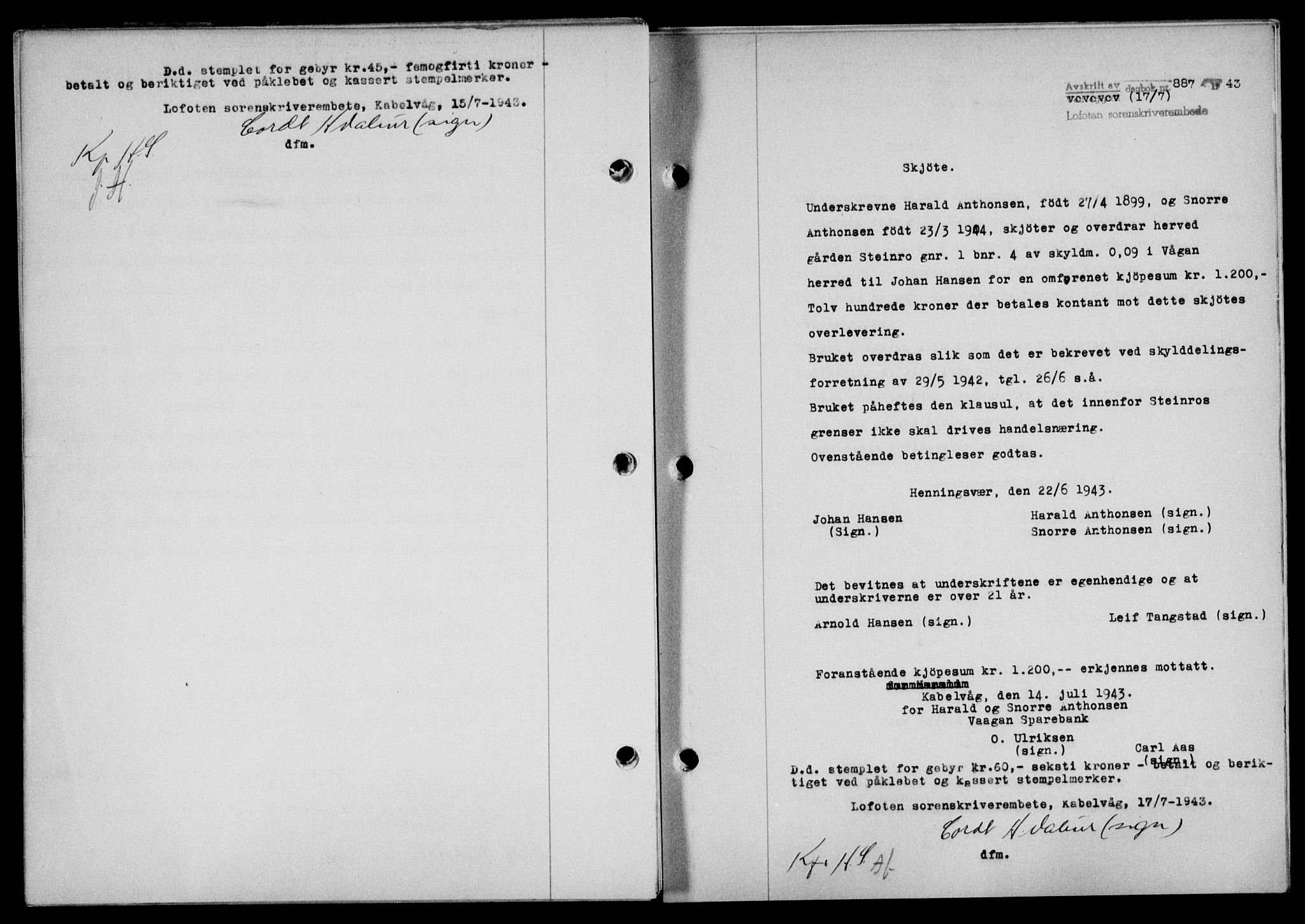 Lofoten sorenskriveri, SAT/A-0017/1/2/2C/L0011a: Mortgage book no. 11a, 1943-1943, Diary no: : 887/1943