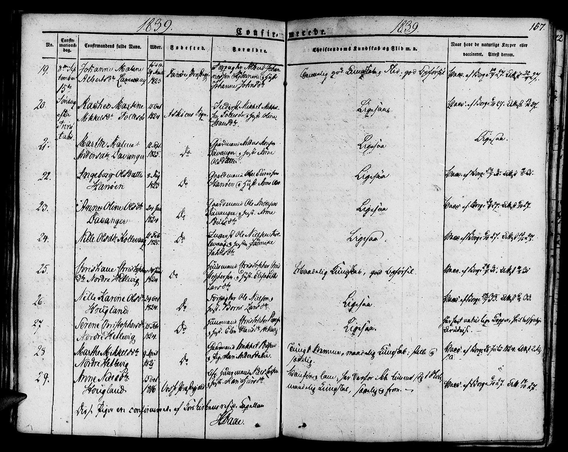 Askøy Sokneprestembete, SAB/A-74101/H/Ha/Haa/Haaa/L0004: Parish register (official) no. A 4, 1825-1845, p. 157