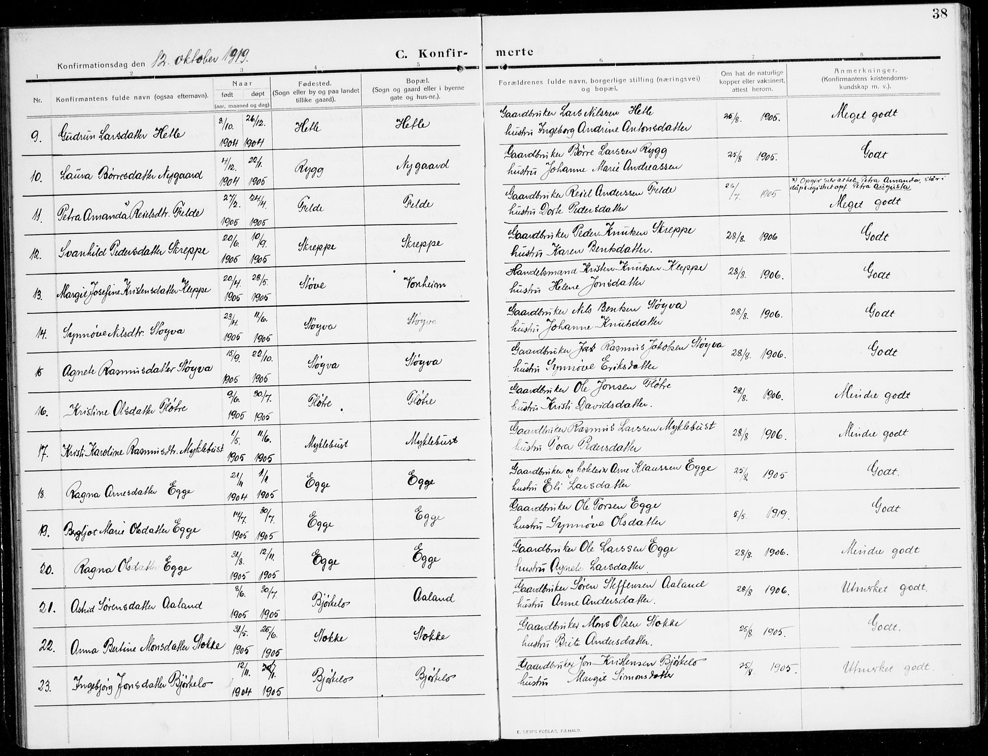 Gloppen sokneprestembete, AV/SAB-A-80101/H/Hac/L0004: Curate's parish register no. A 4, 1909-1923, p. 38