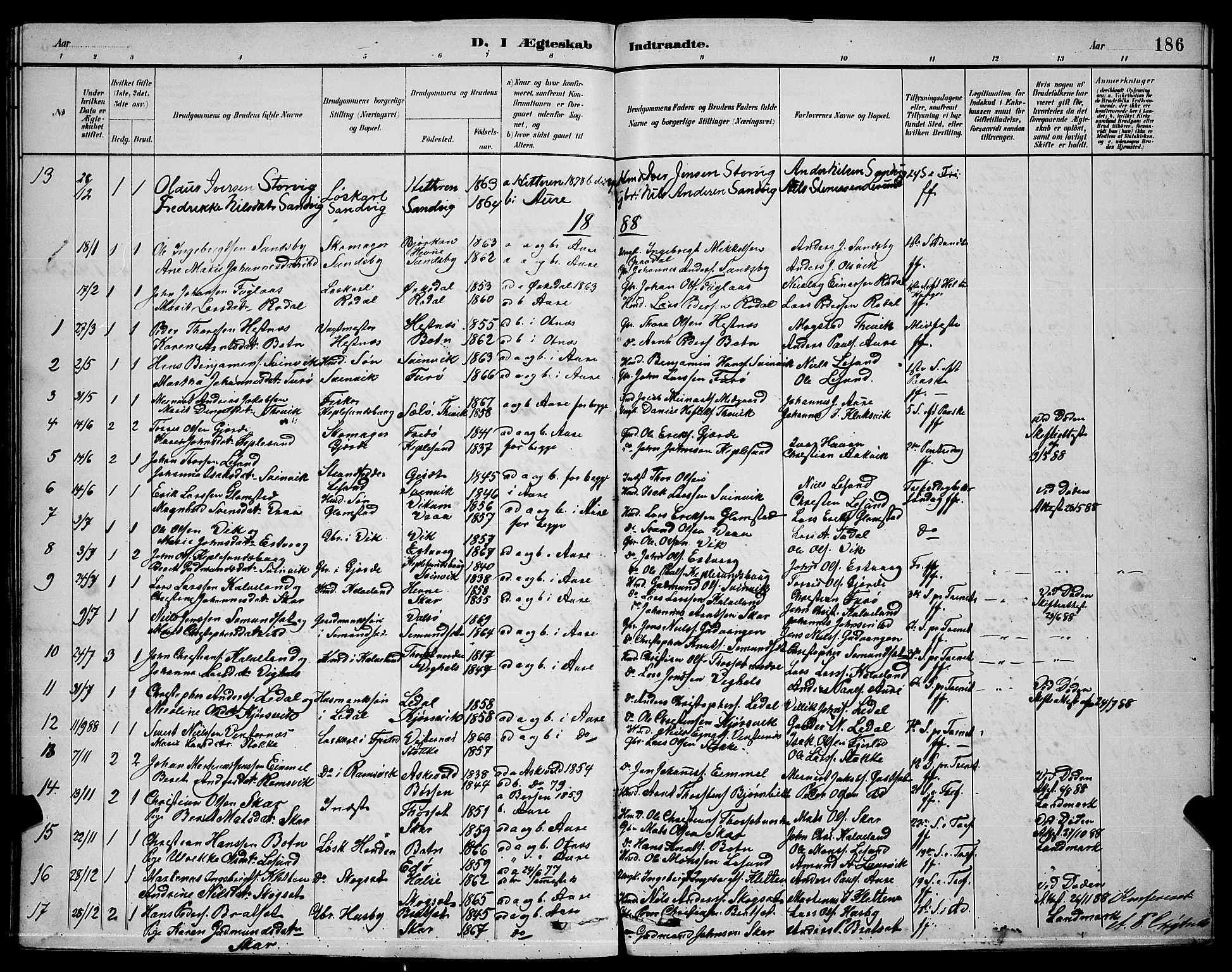 Ministerialprotokoller, klokkerbøker og fødselsregistre - Møre og Romsdal, AV/SAT-A-1454/578/L0909: Parish register (copy) no. 578C02, 1882-1900, p. 186