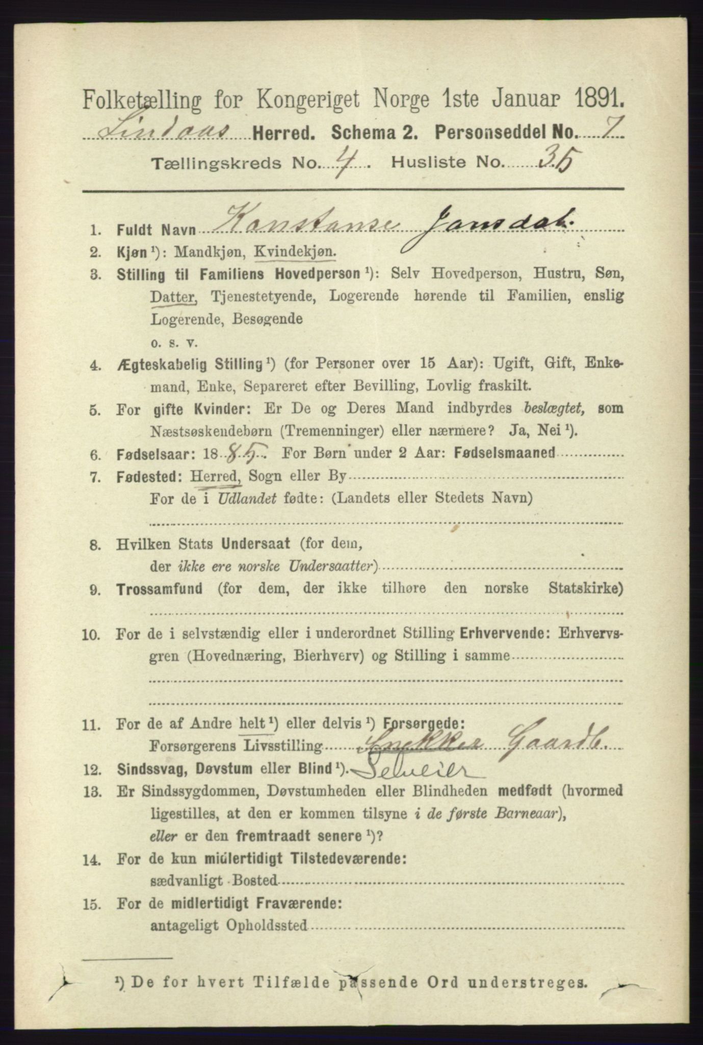 RA, 1891 census for 1263 Lindås, 1891, p. 1389