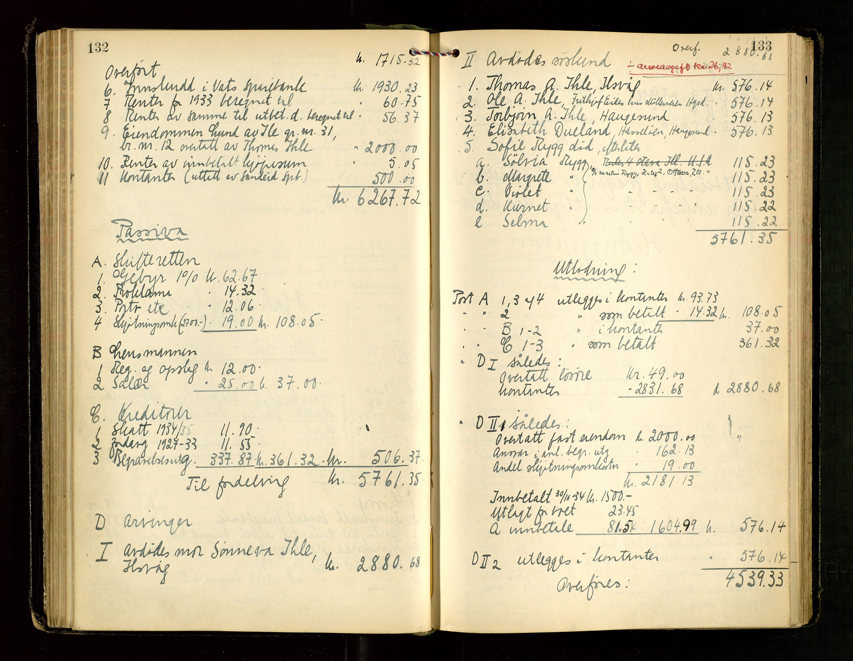 Ryfylke tingrett, AV/SAST-A-100055/001/IV/IVG/L0008: Skifteutlodningsprotokoll Med register, 1933-1939, p. 132-133