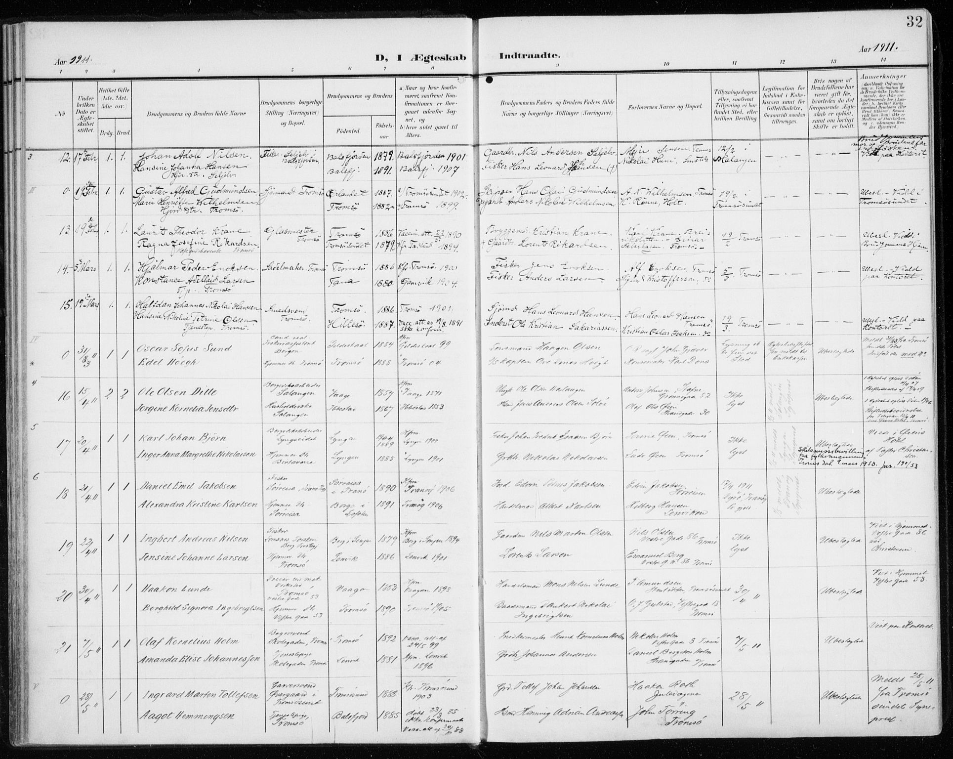 Tromsø sokneprestkontor/stiftsprosti/domprosti, AV/SATØ-S-1343/G/Ga/L0018kirke: Parish register (official) no. 18, 1907-1917, p. 32