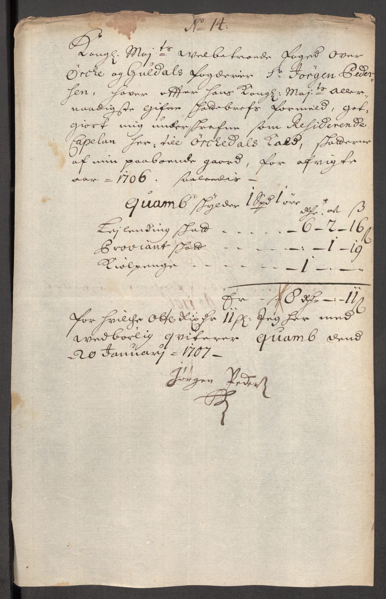 Rentekammeret inntil 1814, Reviderte regnskaper, Fogderegnskap, RA/EA-4092/R60/L3956: Fogderegnskap Orkdal og Gauldal, 1706, p. 166