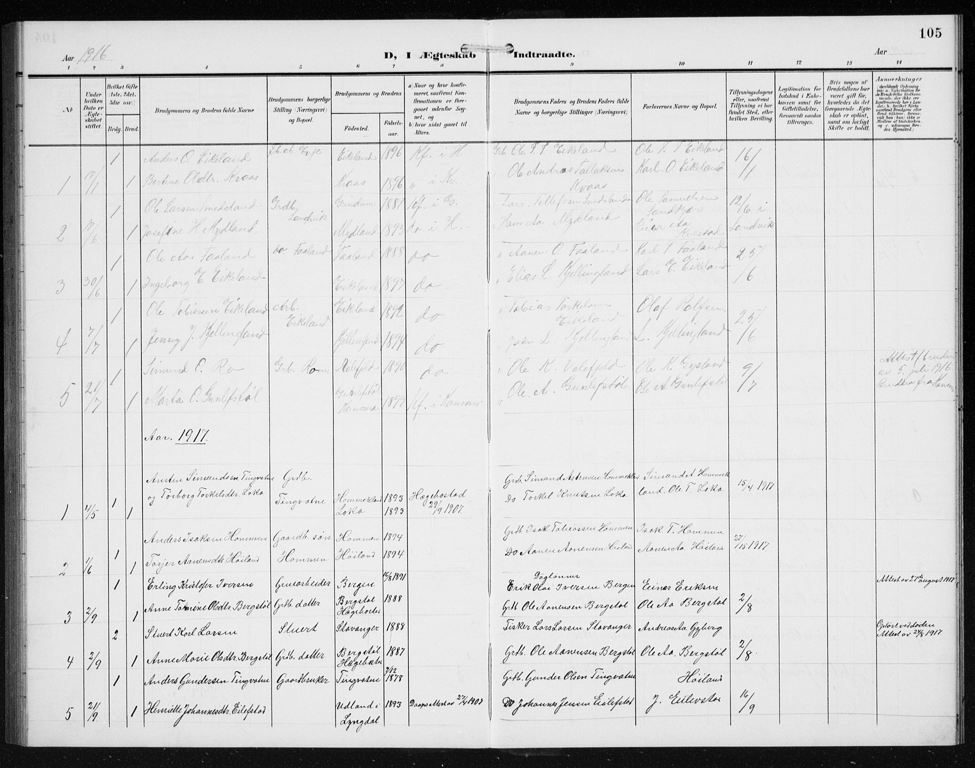 Hægebostad sokneprestkontor, SAK/1111-0024/F/Fb/Fba/L0005: Parish register (copy) no. B 5, 1907-1931, p. 105