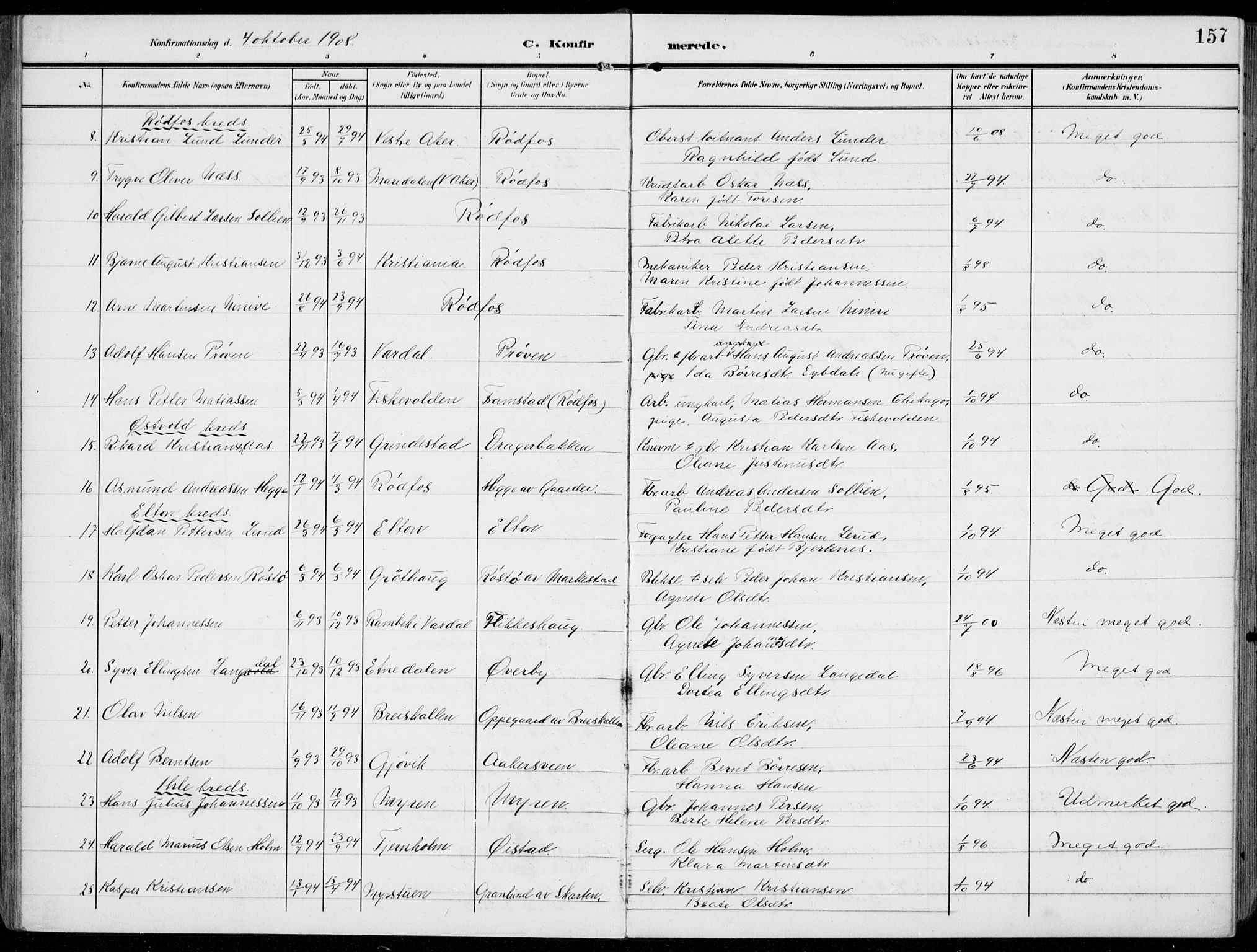 Vestre Toten prestekontor, AV/SAH-PREST-108/H/Ha/Haa/L0014: Parish register (official) no. 14, 1907-1920, p. 157