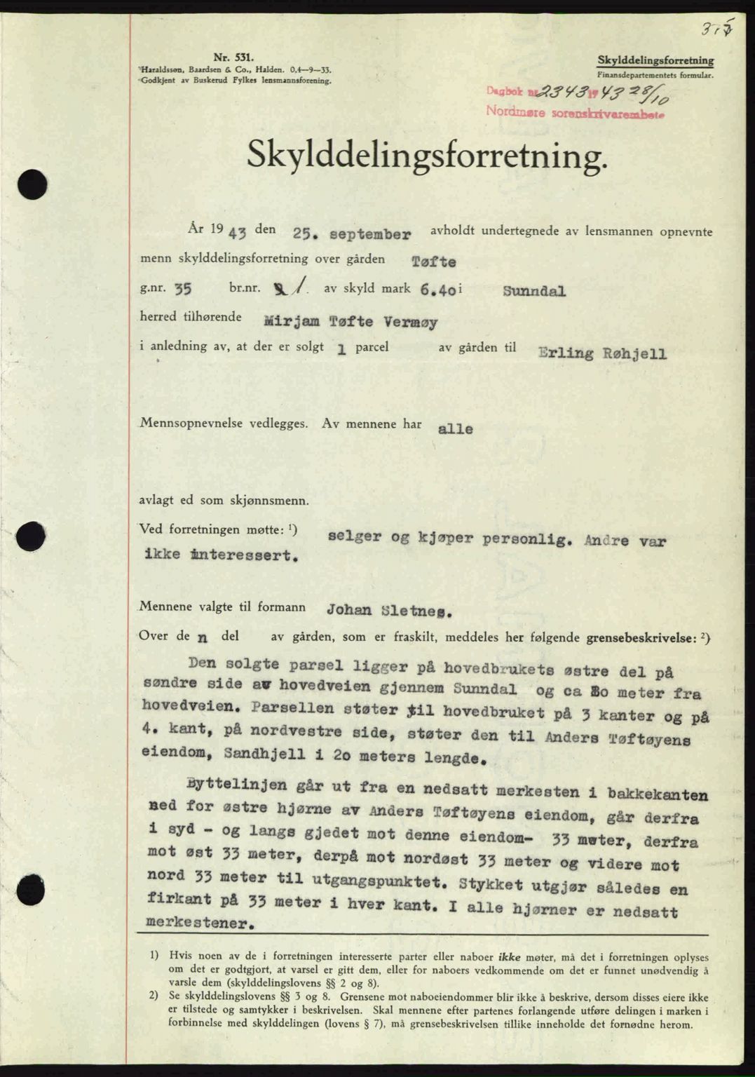 Nordmøre sorenskriveri, SAT/A-4132/1/2/2Ca: Mortgage book no. A96, 1943-1944, Diary no: : 2343/1943