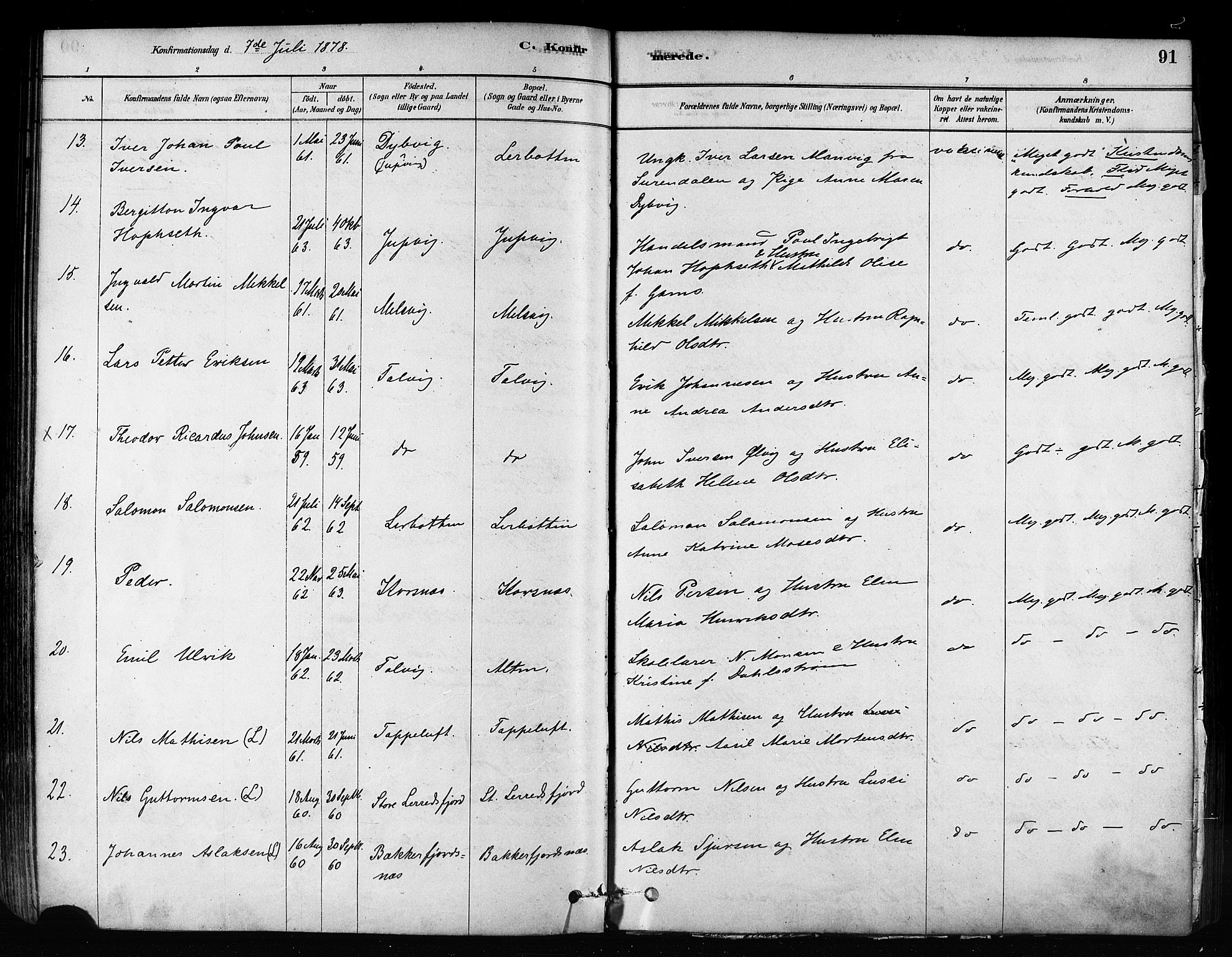 Talvik sokneprestkontor, AV/SATØ-S-1337/H/Ha/L0012kirke: Parish register (official) no. 12, 1878-1886, p. 91