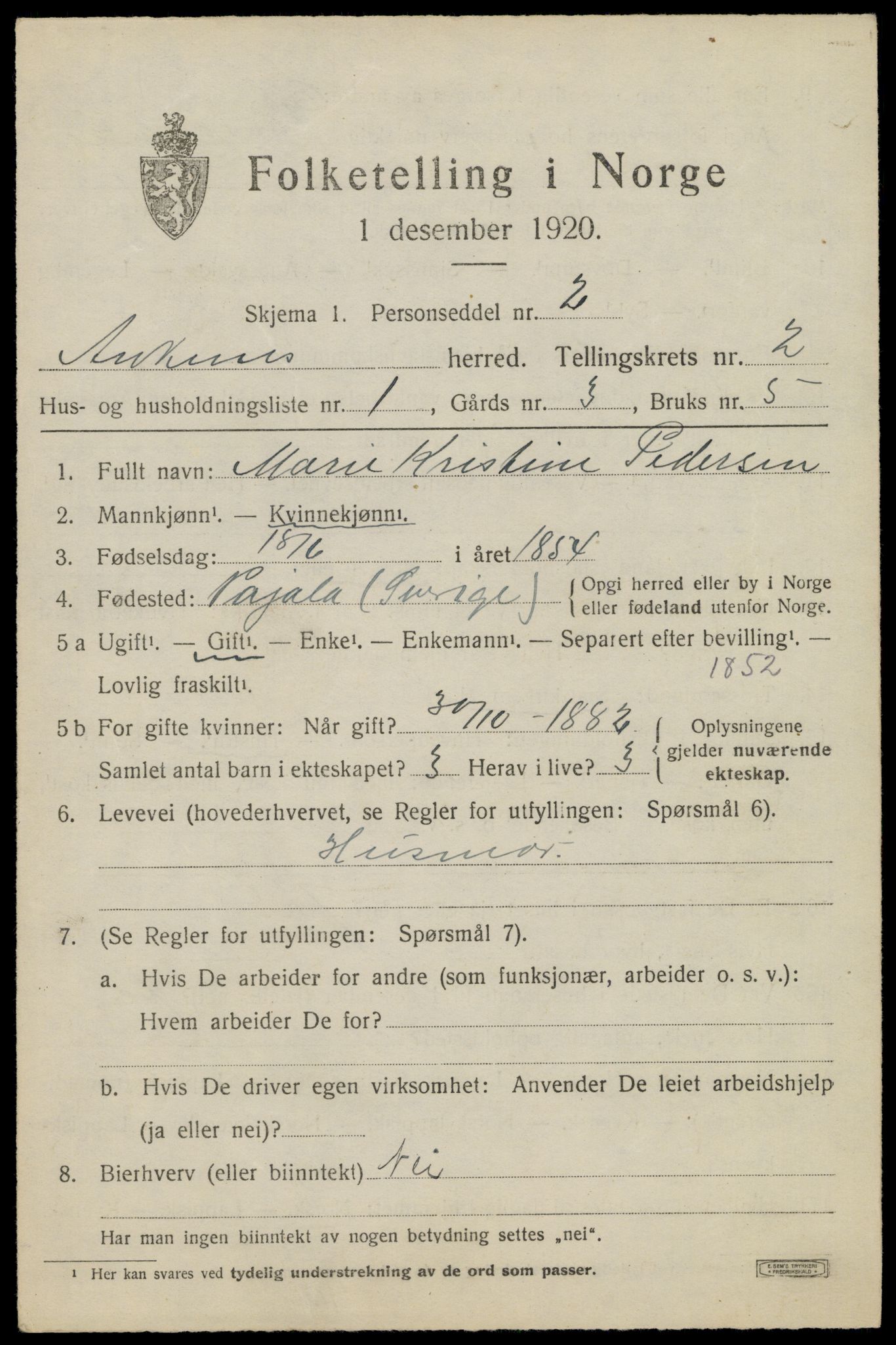 SAT, 1920 census for Ankenes, 1920, p. 1407