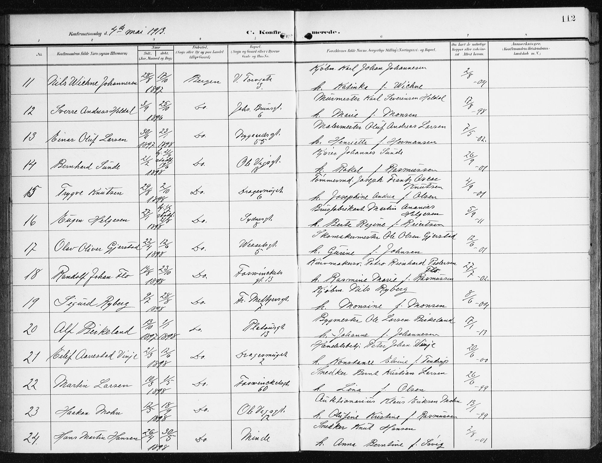 Johanneskirken sokneprestembete, AV/SAB-A-76001/H/Haa/L0009: Parish register (official) no. C 2, 1907-1924, p. 112