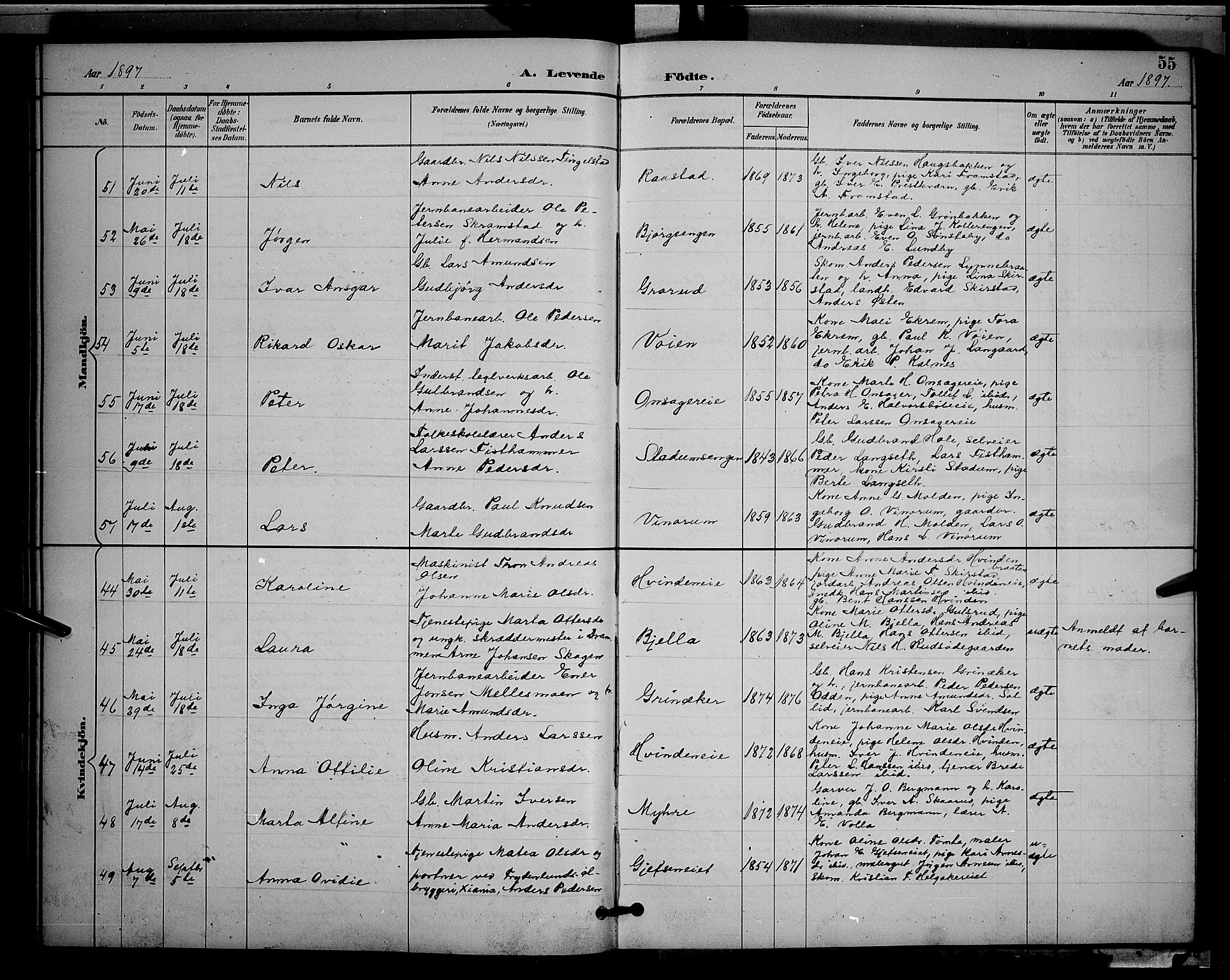 Gran prestekontor, AV/SAH-PREST-112/H/Ha/Hab/L0005: Parish register (copy) no. 5, 1892-1900, p. 55