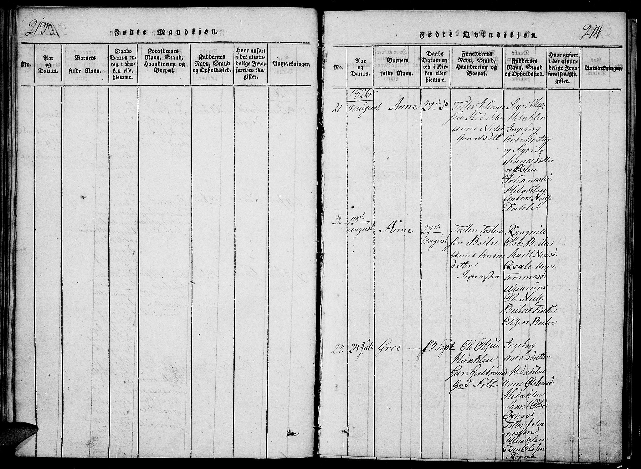Slidre prestekontor, SAH/PREST-134/H/Ha/Hab/L0002: Parish register (copy) no. 2, 1814-1839, p. 213-214