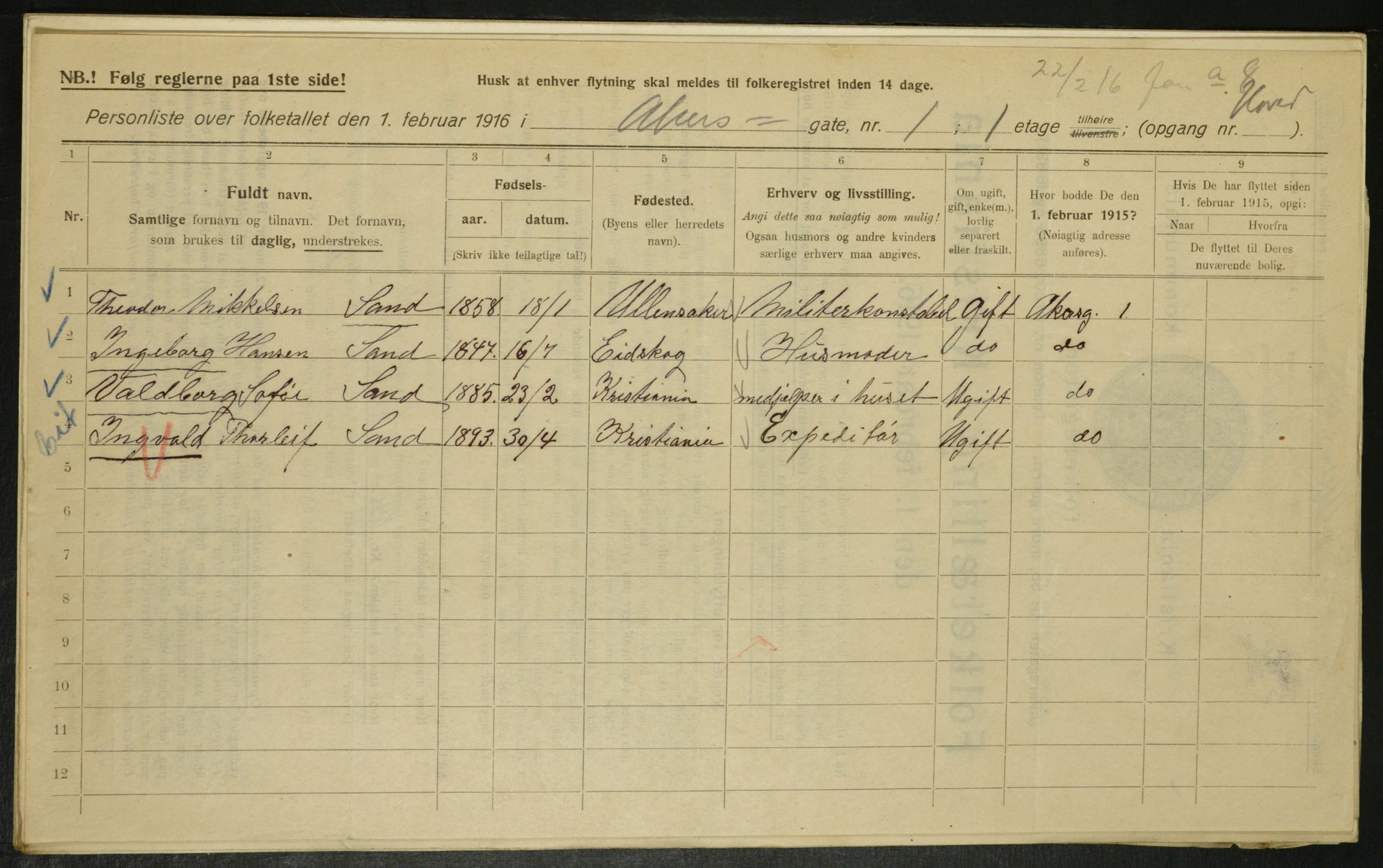 OBA, Municipal Census 1916 for Kristiania, 1916, p. 326