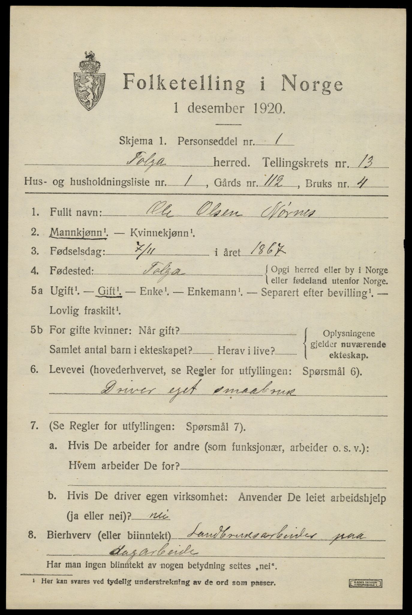 SAH, 1920 census for Tolga, 1920, p. 5817