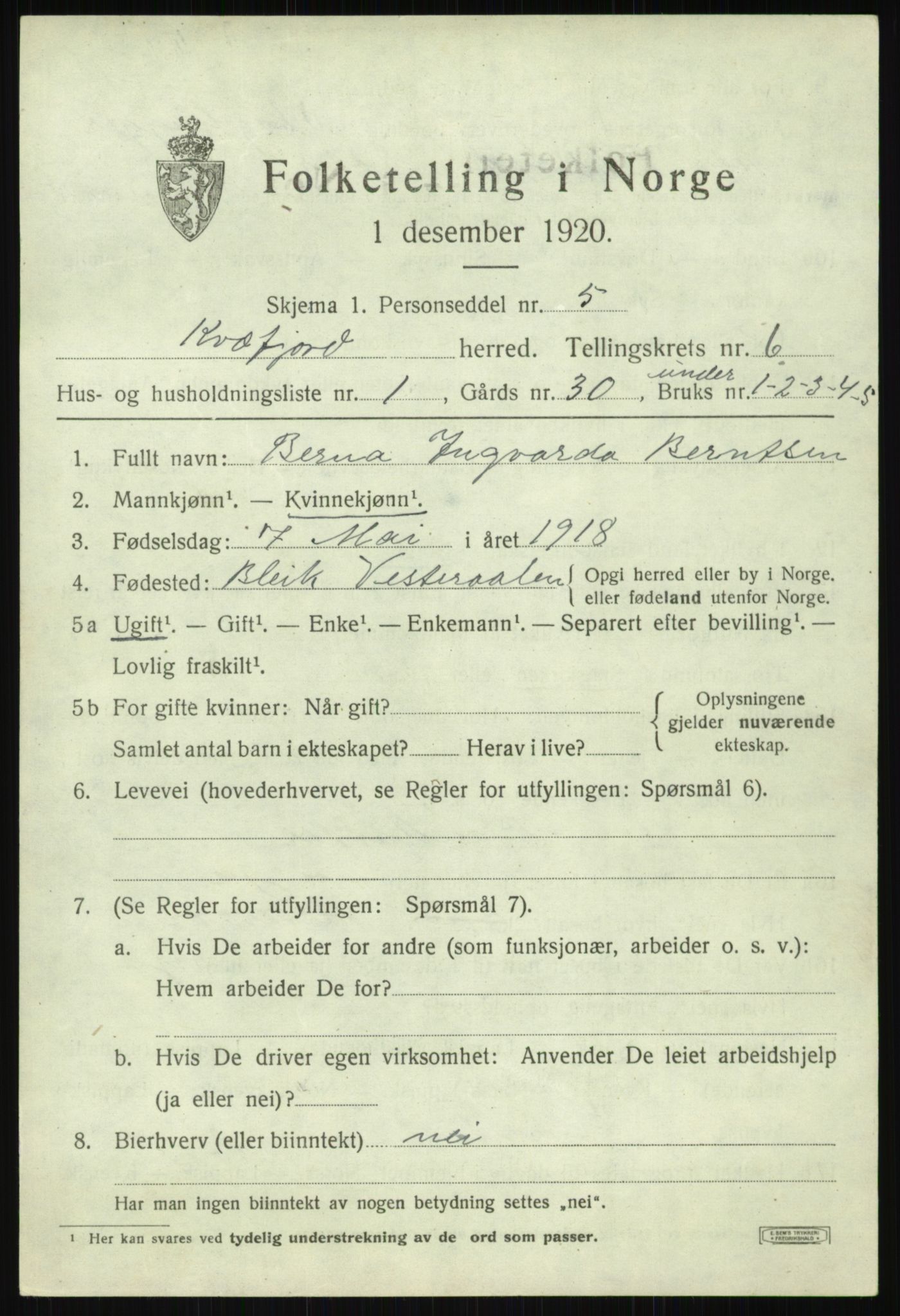 SATØ, 1920 census for Kvæfjord, 1920, p. 3131