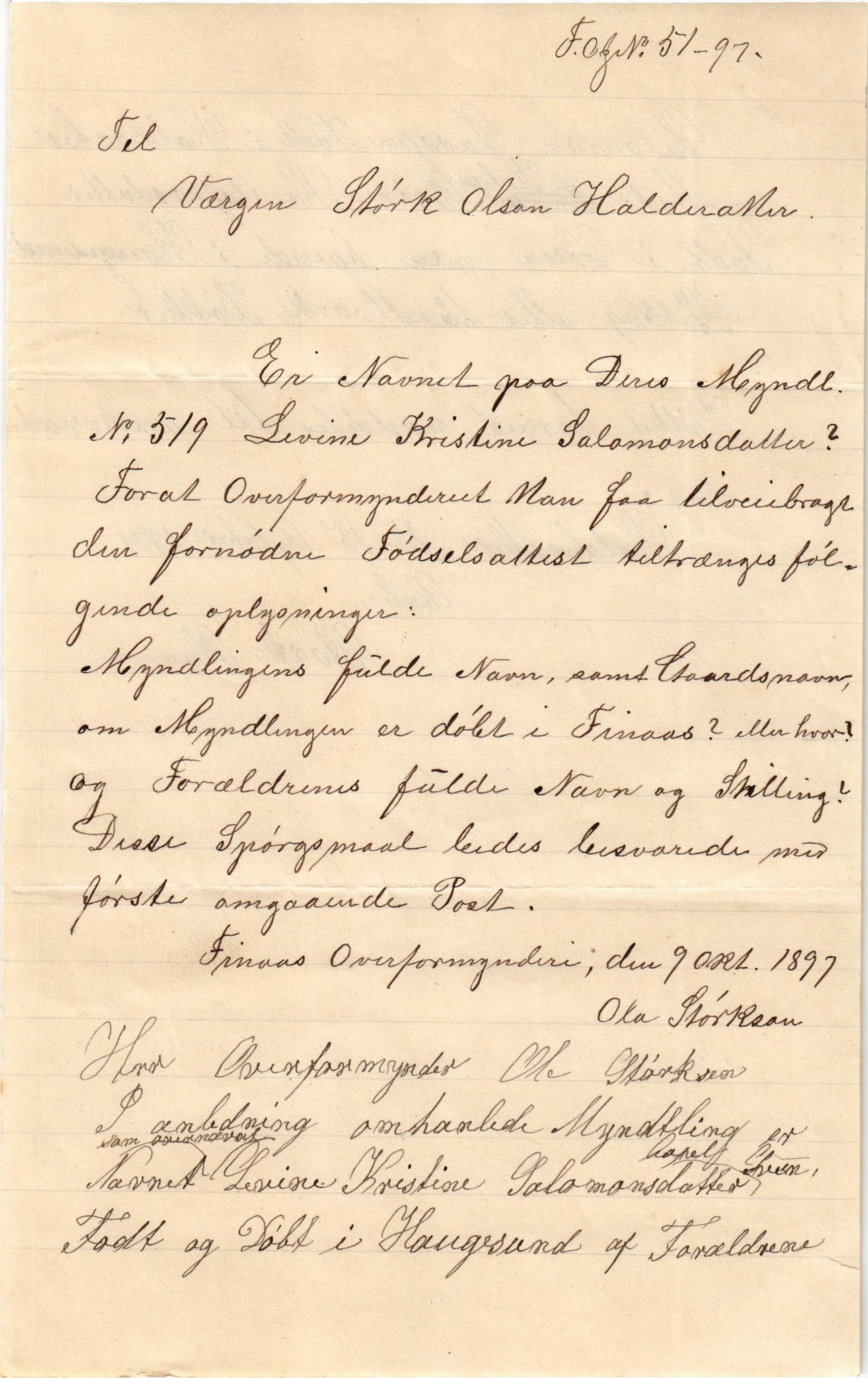 Finnaas kommune. Overformynderiet, IKAH/1218a-812/D/Da/Daa/L0002/0001: Kronologisk ordna korrespondanse / Kronologisk ordna korrespondanse, 1896-1900, p. 61