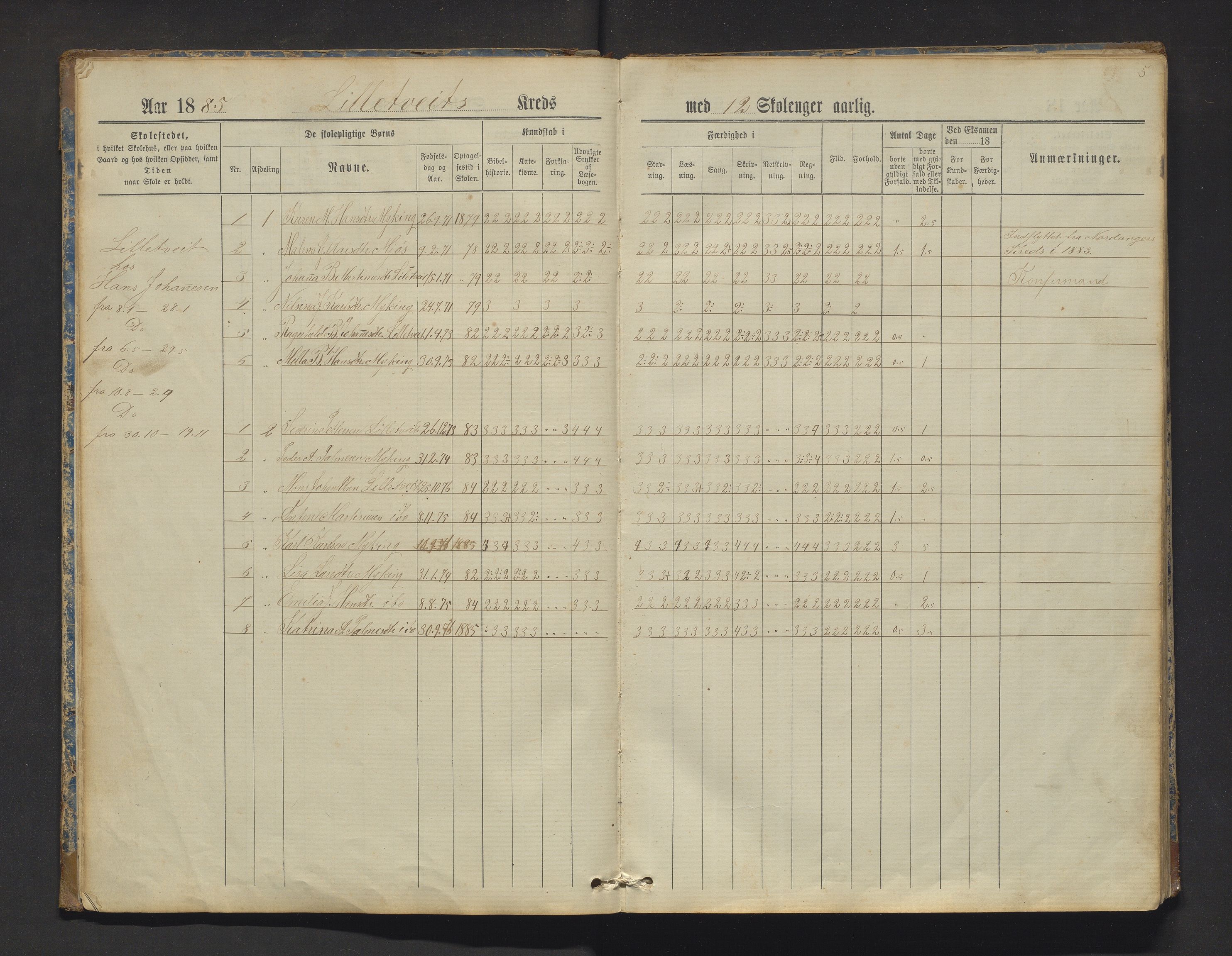 Manger kommune. Barneskulane, IKAH/1261-231/F/Fa/L0002: Skuleprotokoll for Toska, Manger, Dalland, Lilletvedt, Sætre og Helle krinsar , 1882-1916, p. 5