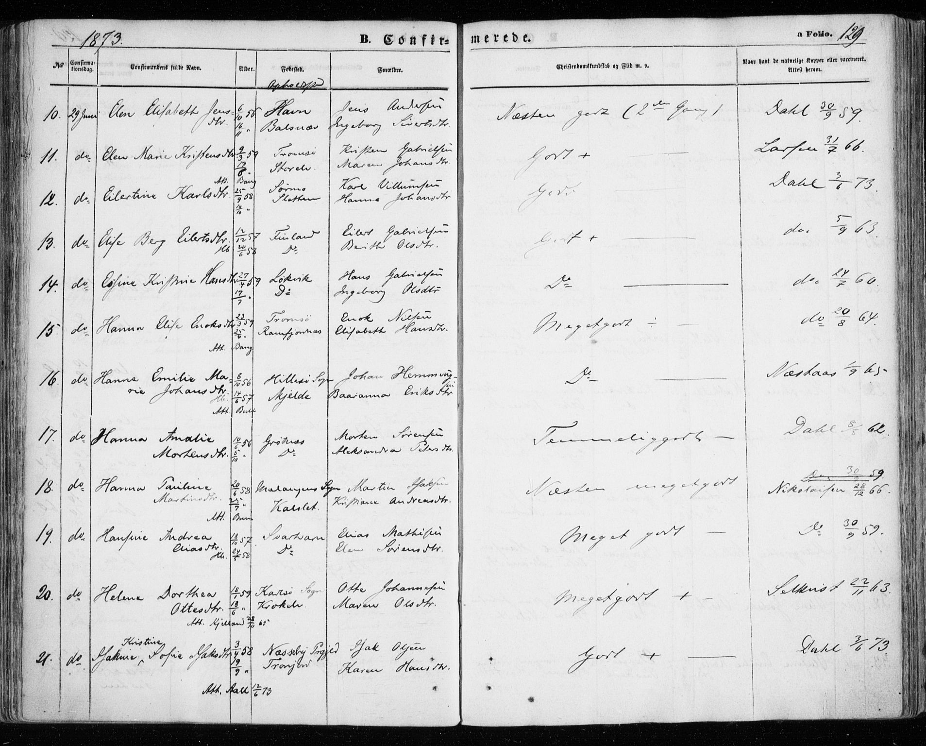 Tromsøysund sokneprestkontor, AV/SATØ-S-1304/G/Ga/L0002kirke: Parish register (official) no. 2, 1867-1875, p. 129