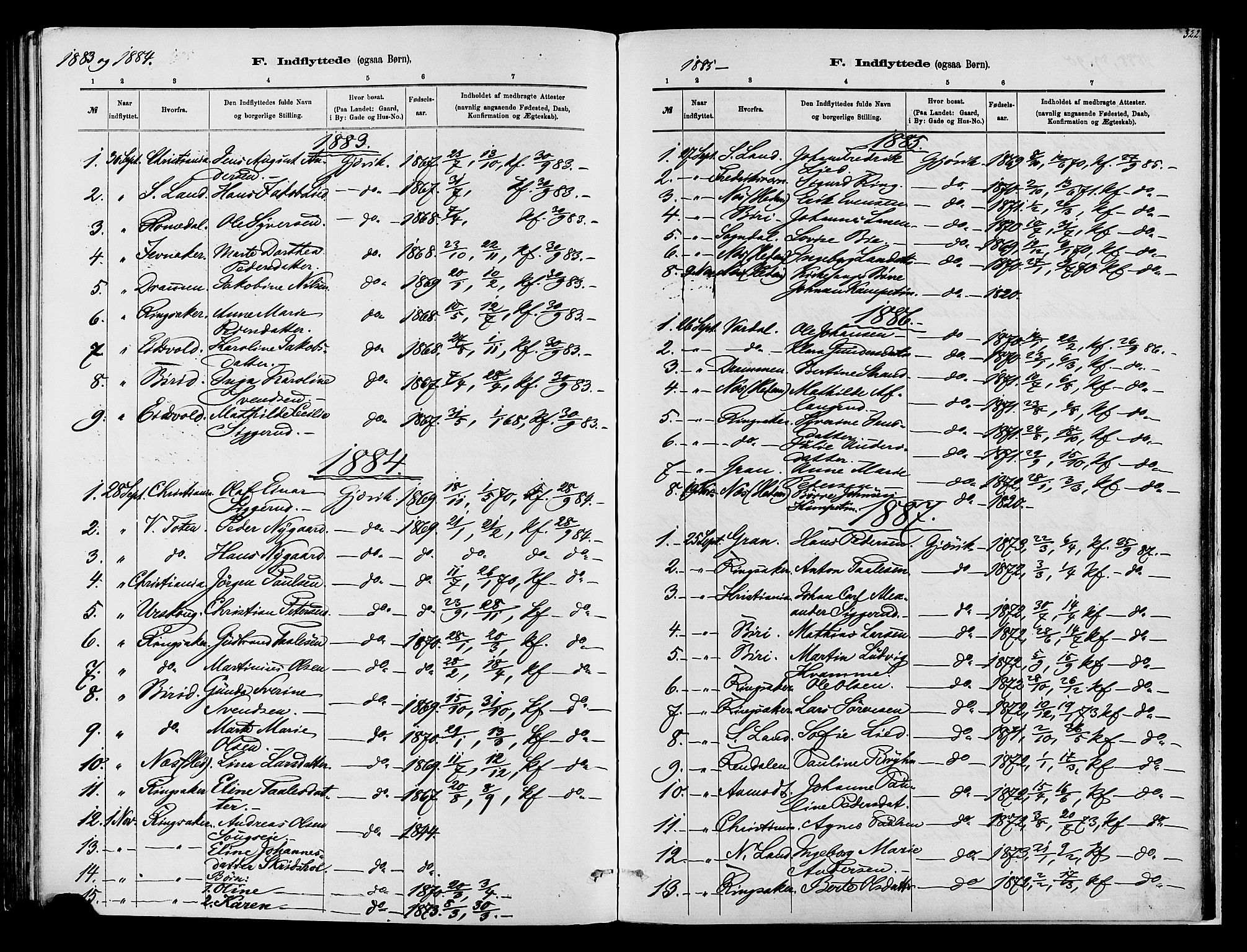 Vardal prestekontor, SAH/PREST-100/H/Ha/Haa/L0008: Parish register (official) no. 8, 1878-1890, p. 322