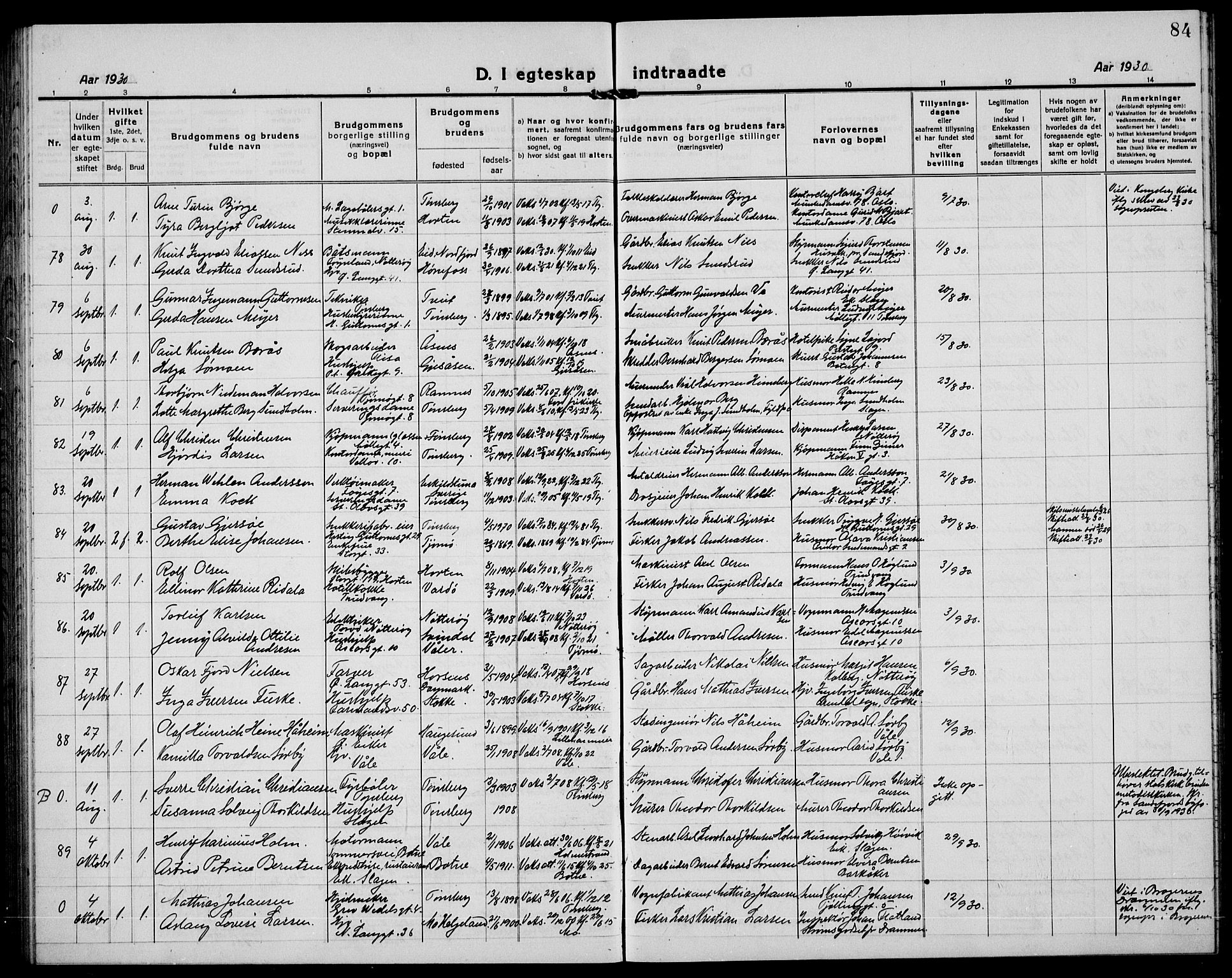 Tønsberg kirkebøker, AV/SAKO-A-330/G/Ga/L0016: Parish register (copy) no. 16, 1920-1933, p. 84